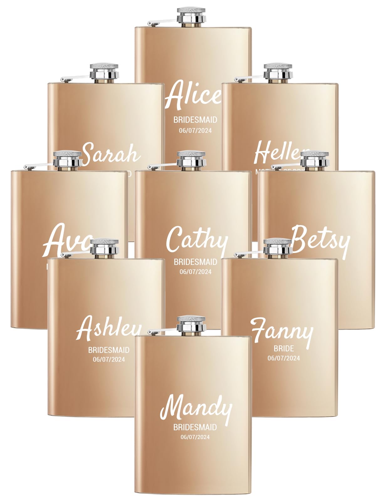 Personalized Stainless Steel Bridesmaid Flasks Set of 9 - 8oz Custom Engraved Liquor Flasks for Women - Perfect for Bachelorette Parties, Wedding Gifts, Valentine's Day & Birthday Presents (Champagne) - Great for Girls' Night Out, Bridal Showers & Special Celebrations