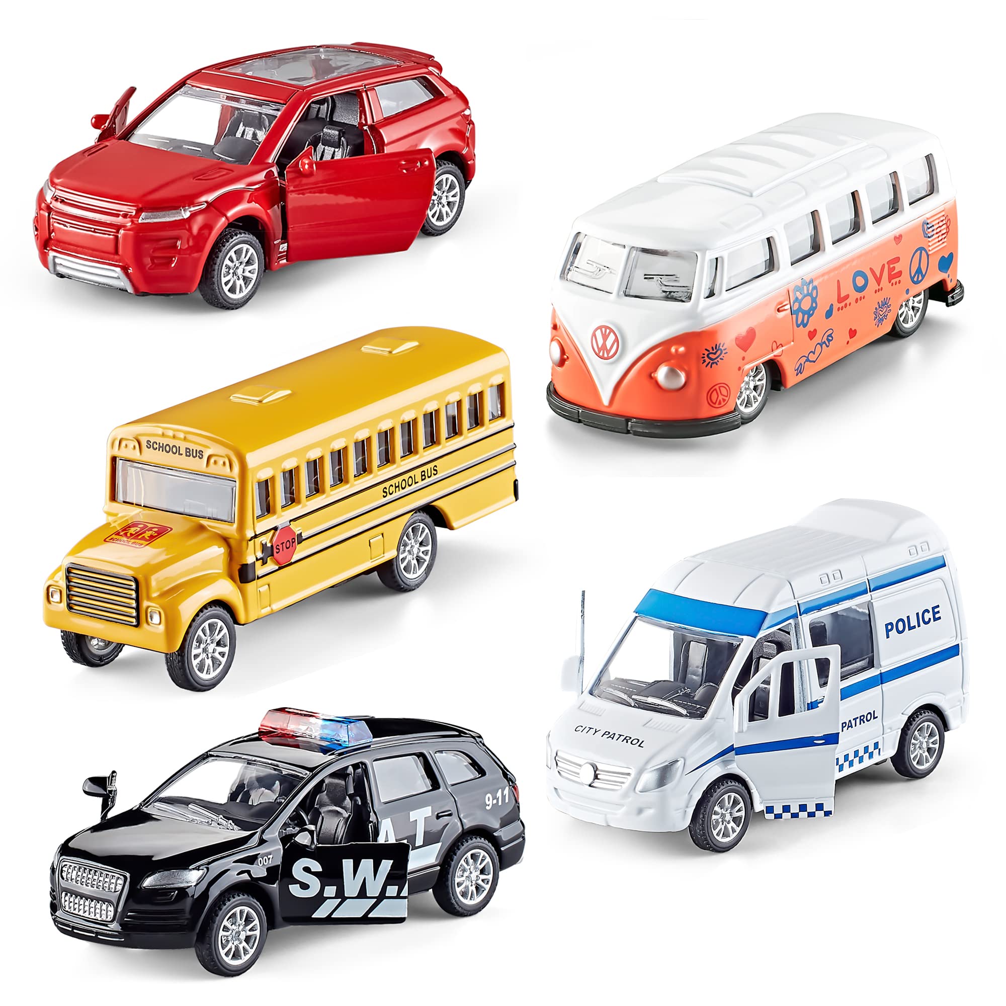 KIDAMI 5-Pack Die-Cast Metal Toy Cars with Openable Doors & Pull Back Action - Official Licensed Vehicle Collection for Kids | Birthday Gifts, Party Favors & Playtime Fun