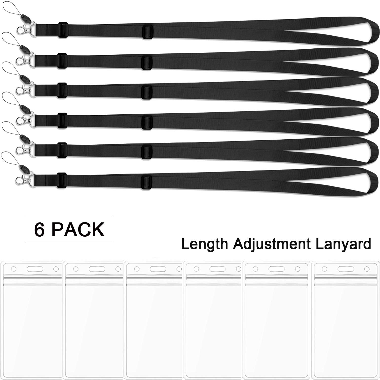 6 Pack Black Adjustable Lanyards with ID Badge Holder for Work, School & Events