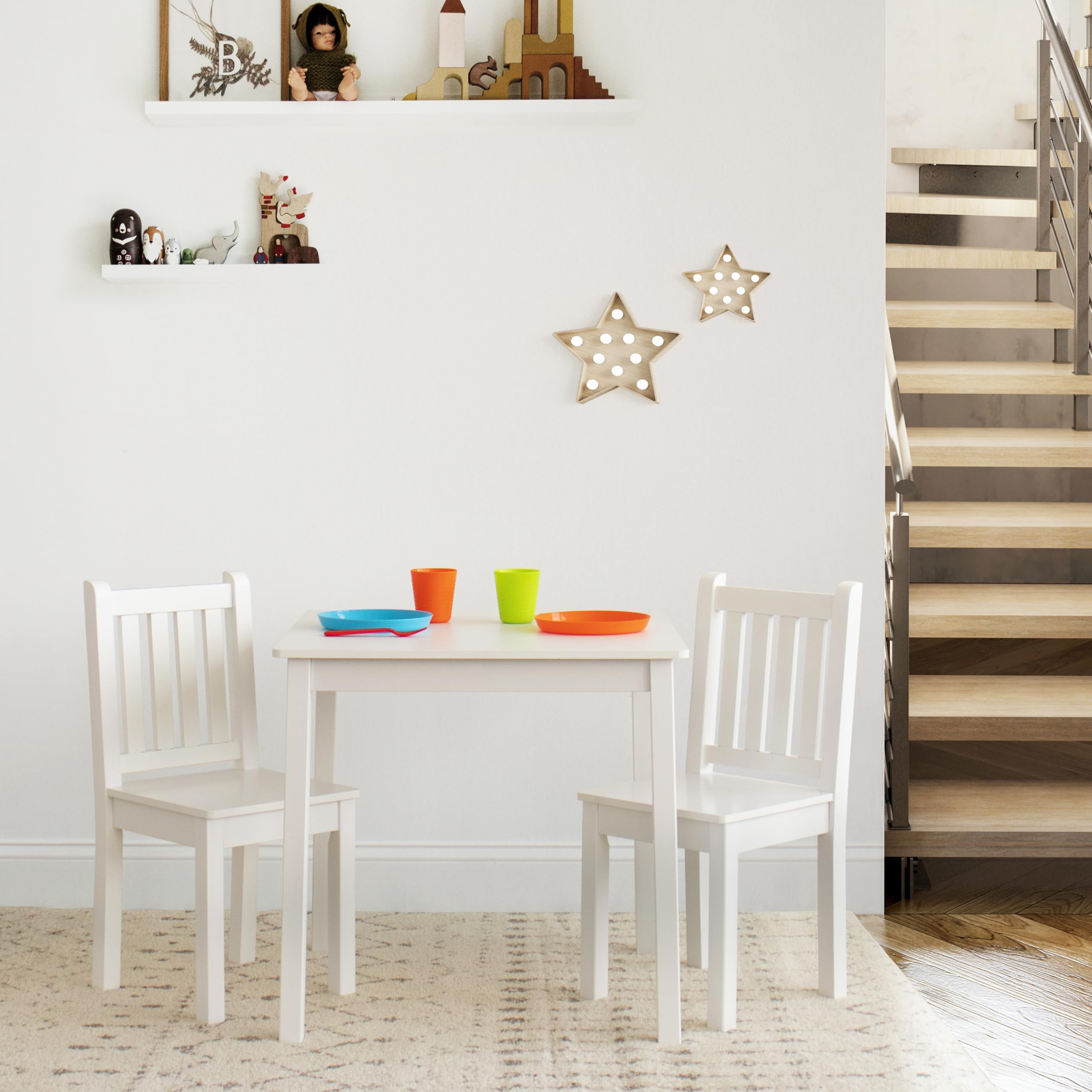 Humble Crew White Wooden Kids Table and 2 Chairs Set - Square Toddler Activity Table for Arts, Crafts & Snack Time - Durable Children's Furniture for Playroom, Classroom & Daycare Use