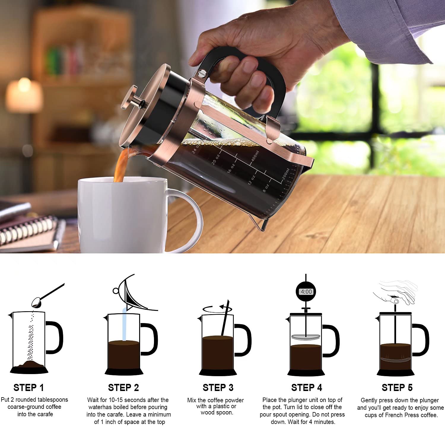 QUQIYSO 34oz French Press Coffee Maker - 304 Stainless Steel with 4 Filters, Heat Resistant & Durable, Easy to Clean, Borosilicate Glass, BPA Free - Perfect for Home, Office, Camping & Gifts (Copper)