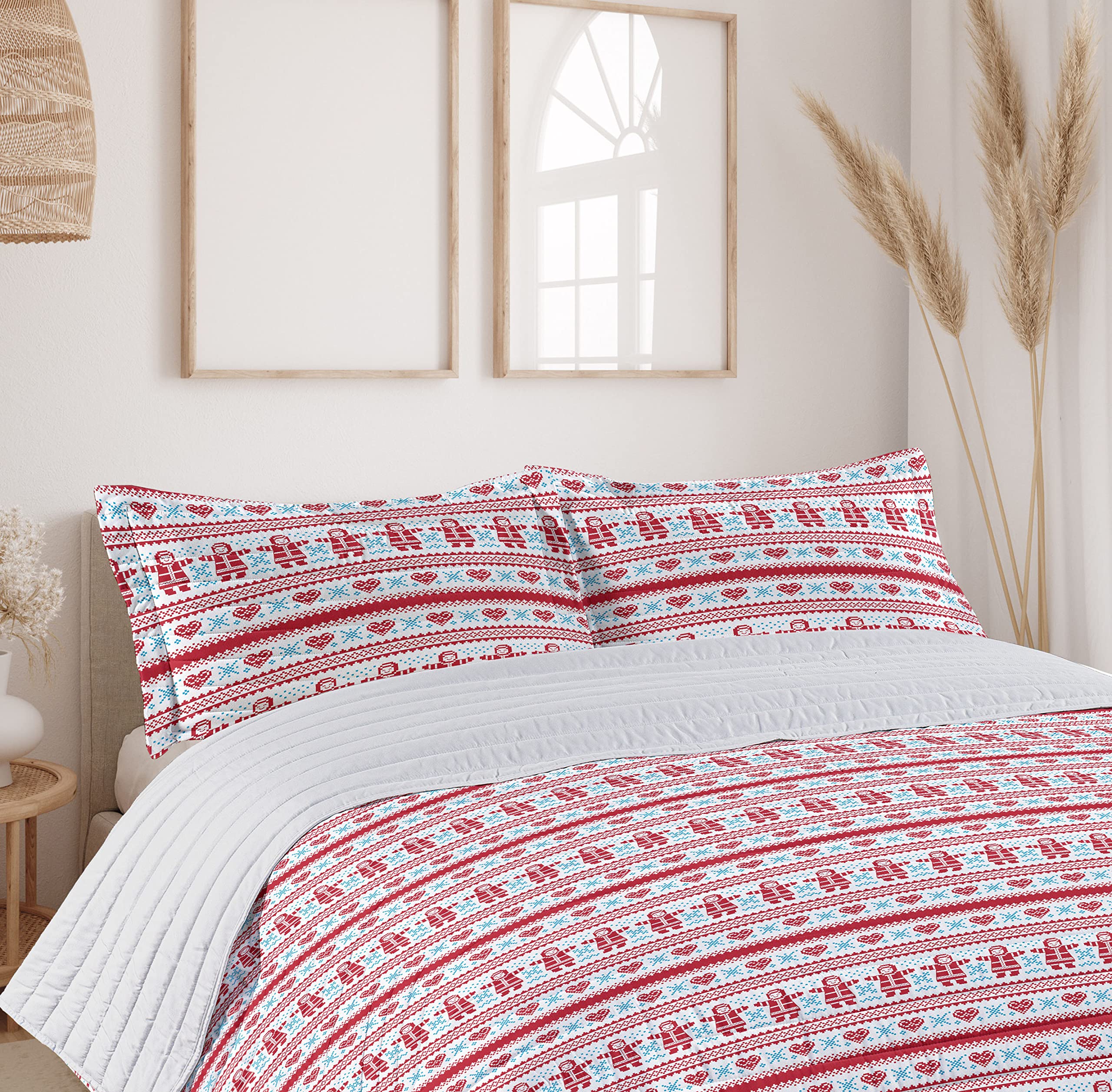 Ambesonne Nordic Microfiber Bedspread Set - Christmas Winter Scandinavian Design with European Motifs, Soft King Size Bedding Set Includes Pillow Shams & Comforter in Red Sky Blue White - Perfect for Holiday Decor & Cozy Winter Bedrooms
