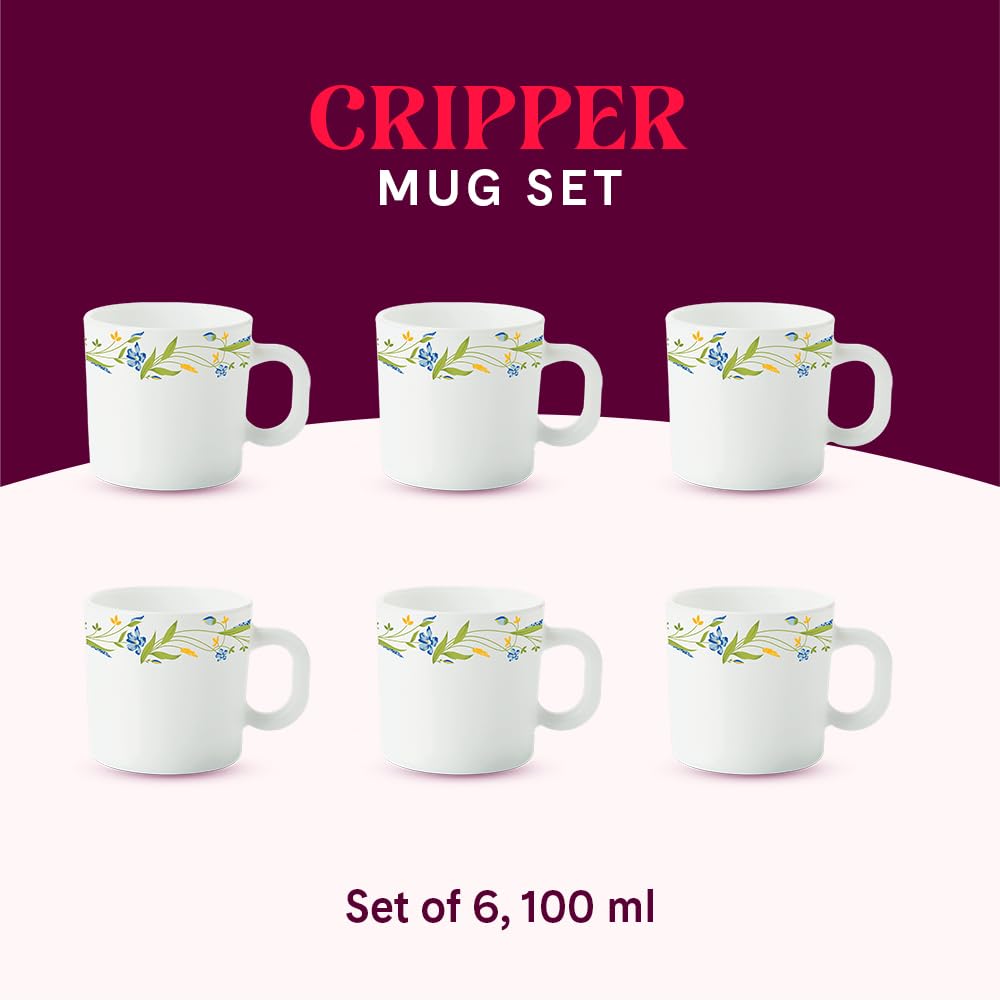 BOROSIL Larah Opalware Tea & Coffee Mugs Set of 6 (100ml Each) - Microwave & Dishwasher Safe, Bone-Ash Free White Crockery - Perfect for Home, Office, Gifts & Daily Use