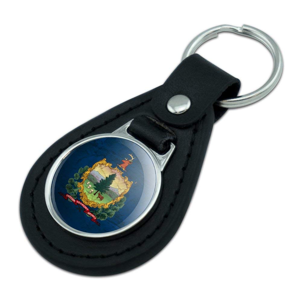 Vermont USA Flag Keychain - Distressed Leather for Travel & Gifts