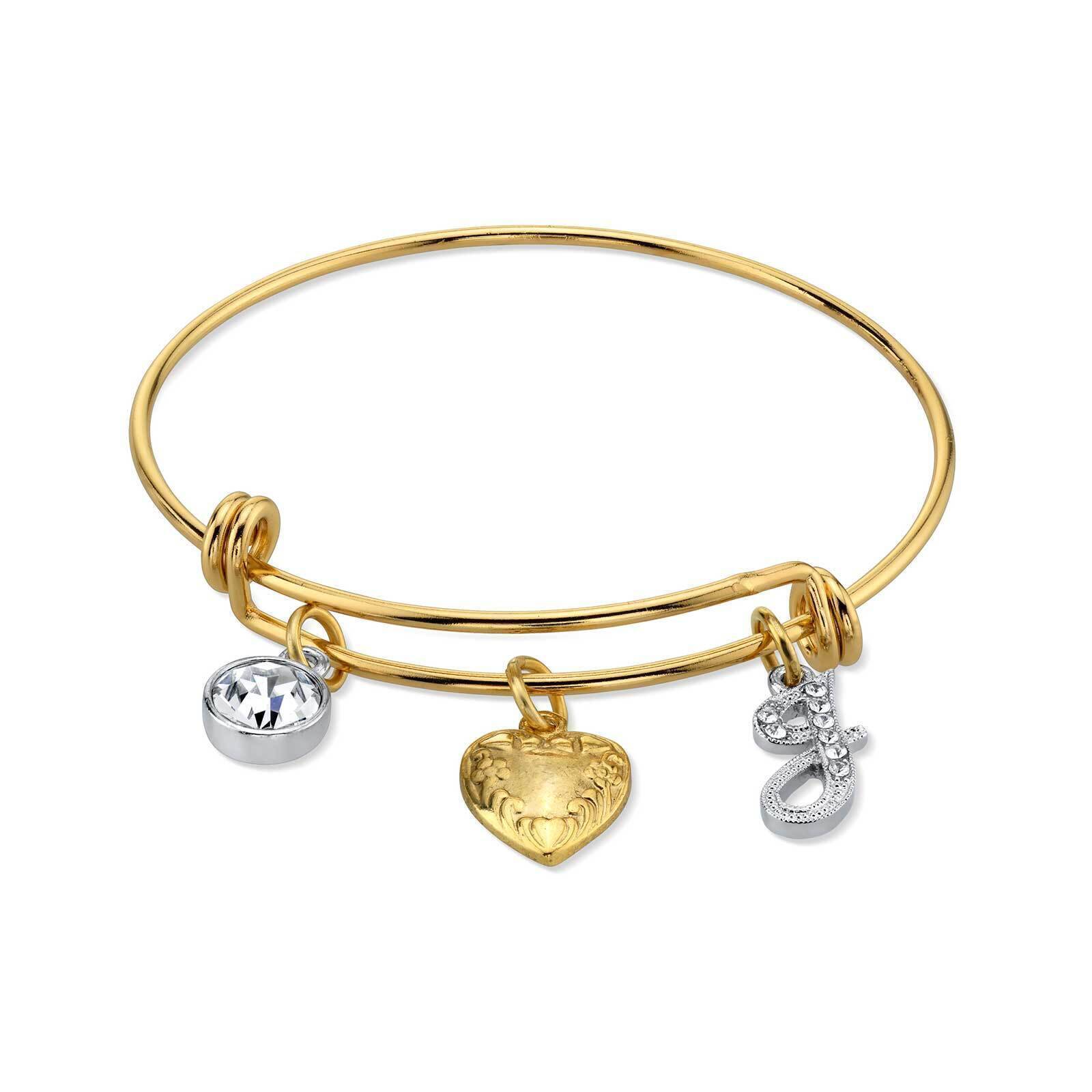 1928 Gold Heart Initial Crystal Charm Bangle Bracelet for Women - Personalized Name Jewelry Gift for Her - Perfect for Valentine's Day, Anniversary & Special Occasions
