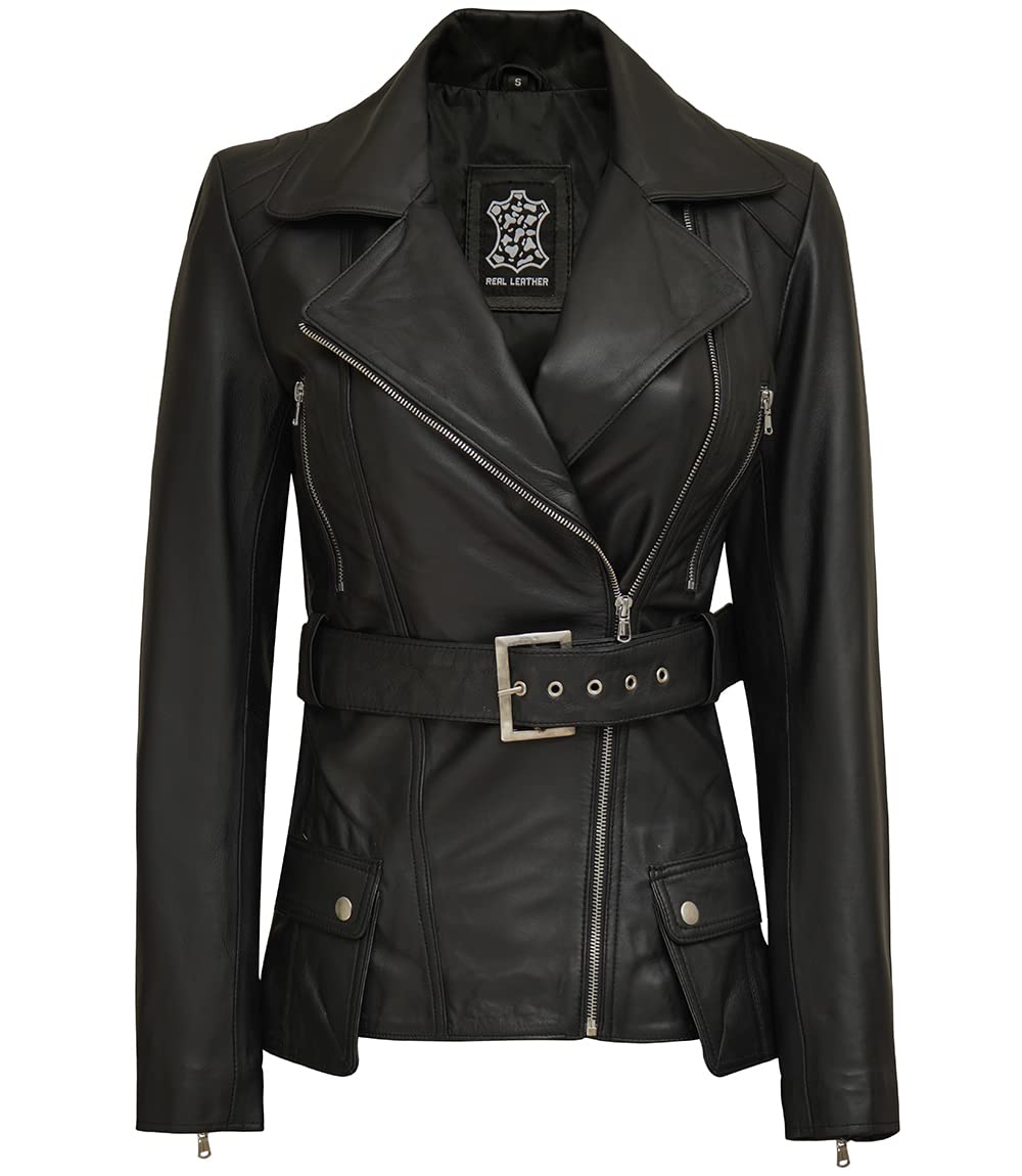 Genuine Lambskin Leather Motorcycle Jacket for Women - Stylish Long Leather Coat with Zipper - Perfect for Riding, Biker Fashion & Casual Outfits