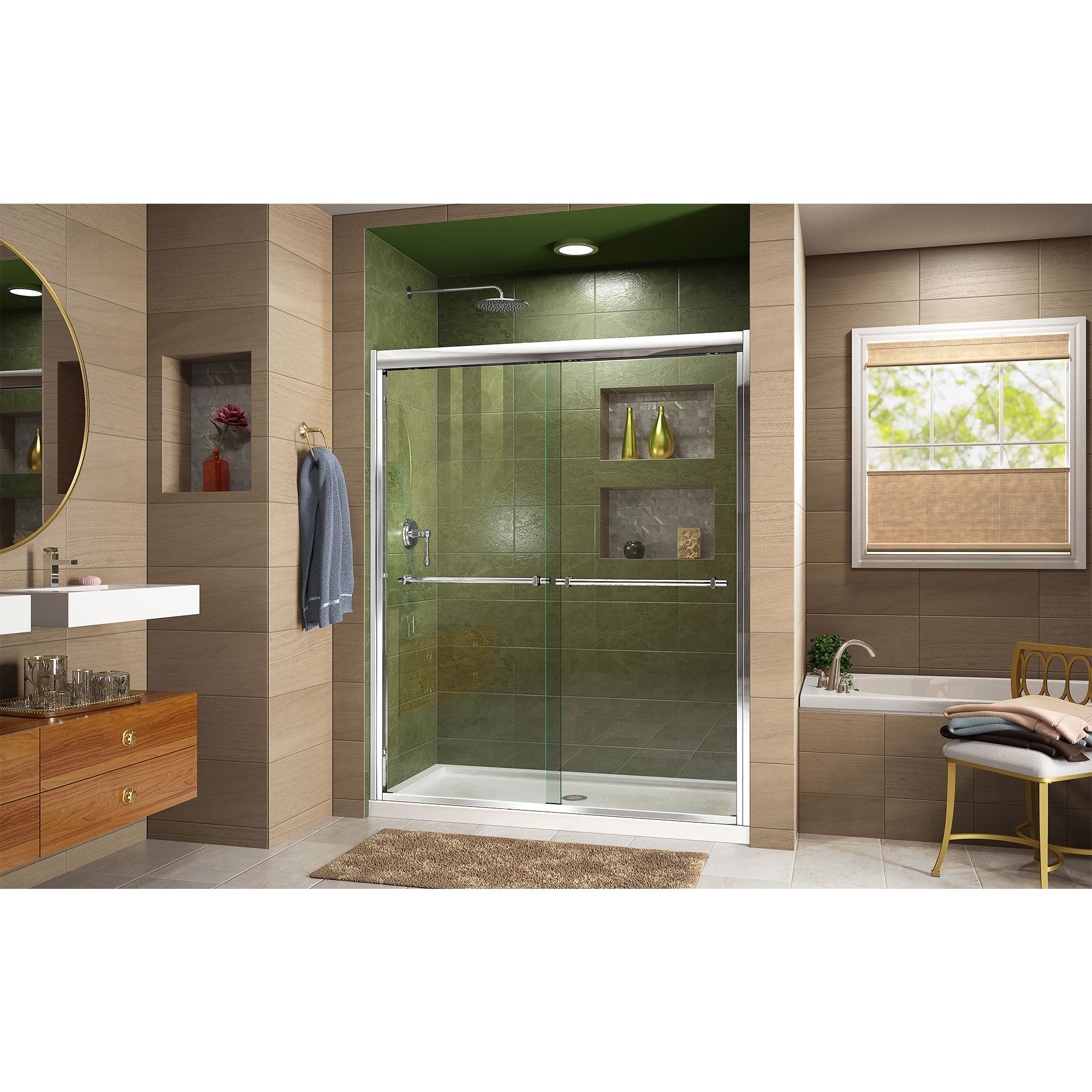 DreamLine Duet 32x60x74.75 Inch Semi-Frameless Bypass Shower Door - Brushed Nickel & White Base with Center Drain | Perfect for Modern Bathroom Renovations & Space-Saving Designs