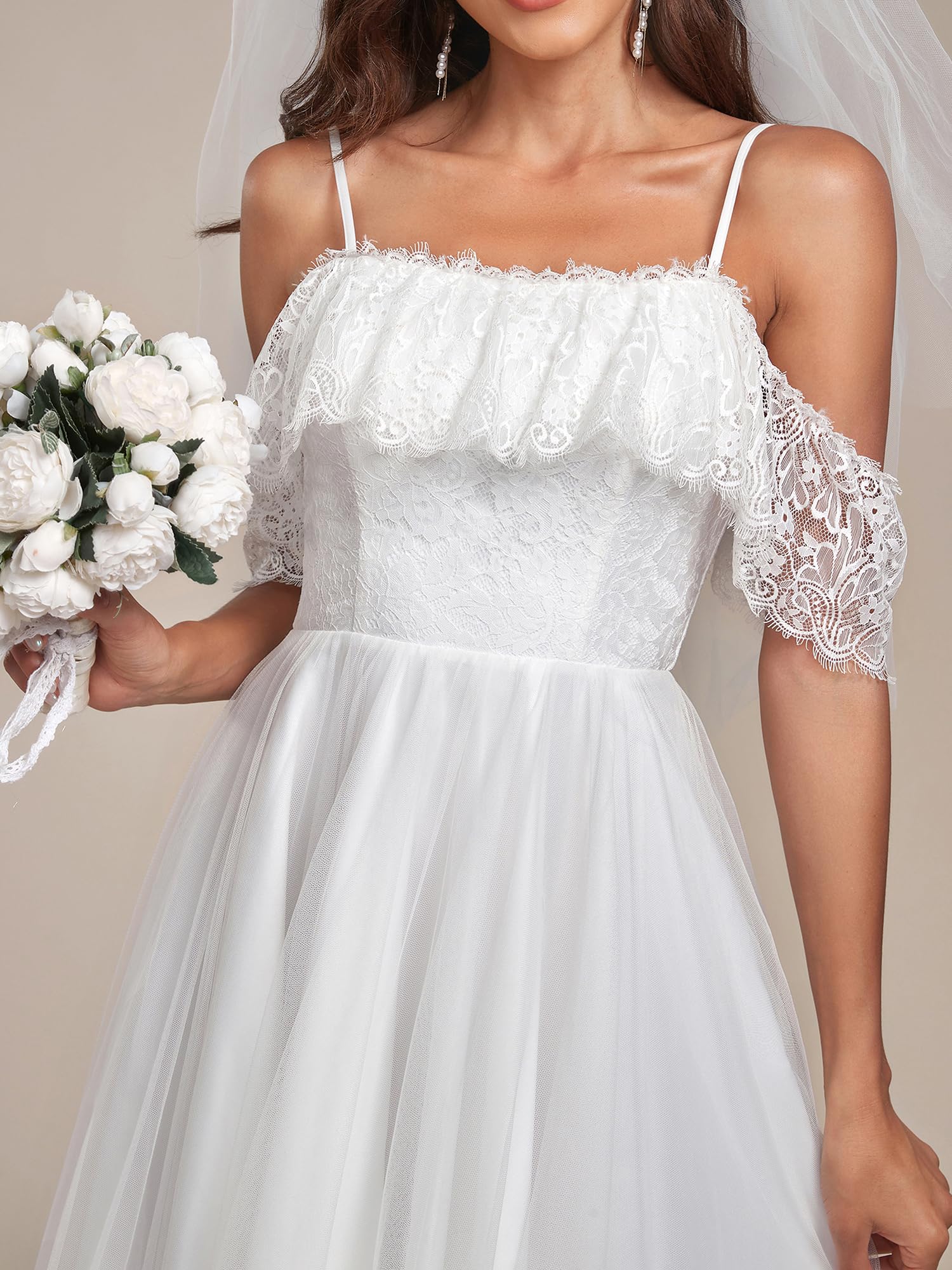 Ever-Pretty Women's A-Line Off Shoulder Wedding Dress with High-Low Hem & Spaghetti Straps - Elegant Lace Bridal Gown 90340 for Beach Weddings, Garden Ceremonies & Vow Renewals
