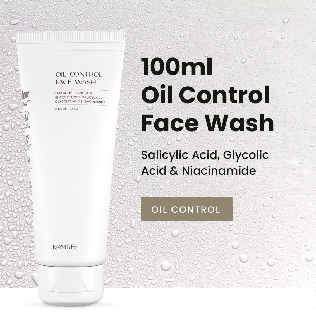KAMREE® Oil Control Face Wash with 2% Salicylic Acid & 1% Glycolic Acid - Sulfate Free Anti Acne Cleanser for Pimples & Oily Skin - 100ml for Women & Men - Perfect for Daily Skincare Routine & Acne Treatment
