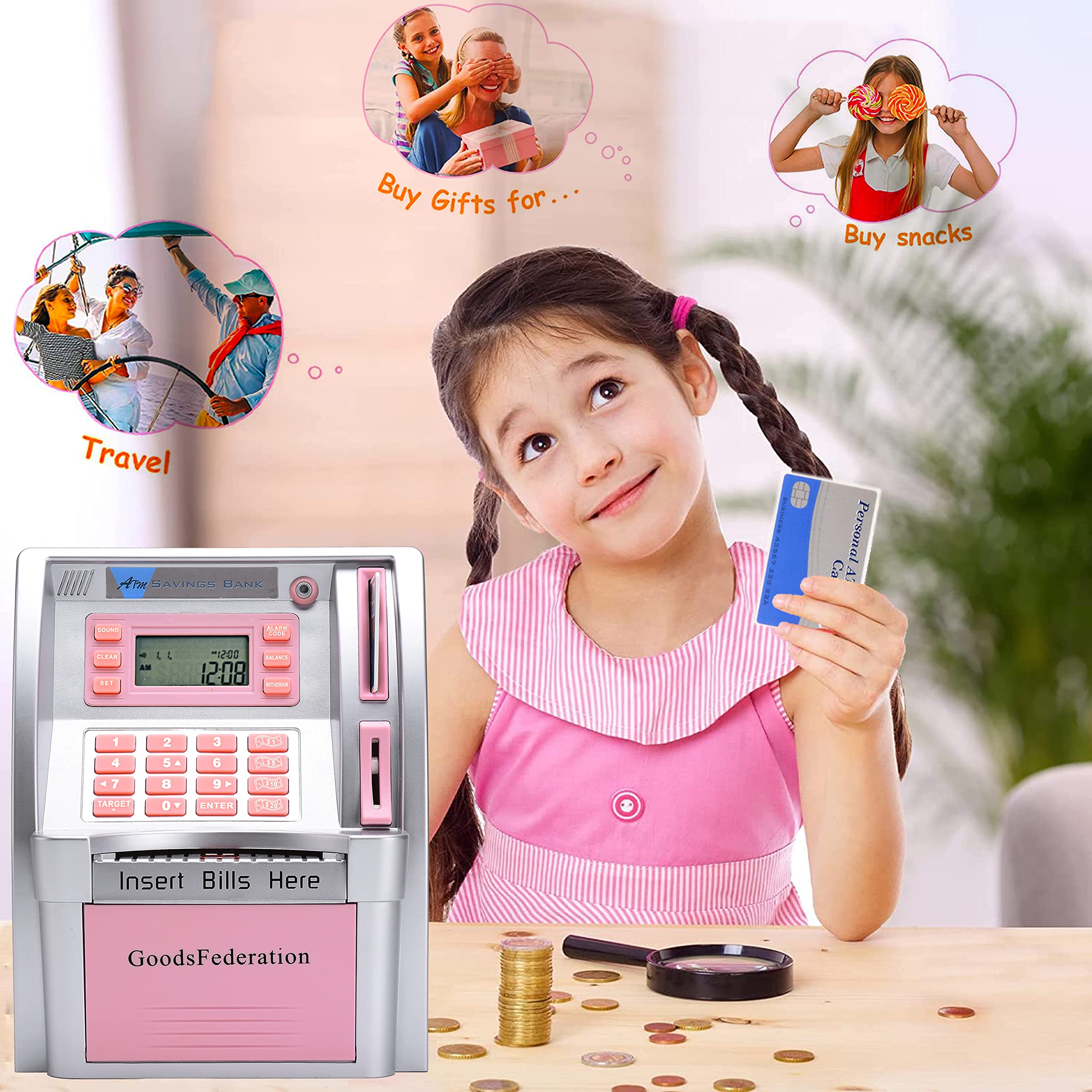 2024 Upgraded ATM Piggy Bank for Kids & Adults - Electronic Savings Safe with Debit Card, Password Login, Bill Feeder, Coin Recognition, Savings Goal Tracker & Balance Calculator - Perfect for Teaching Financial Literacy & Money Management (Pink)