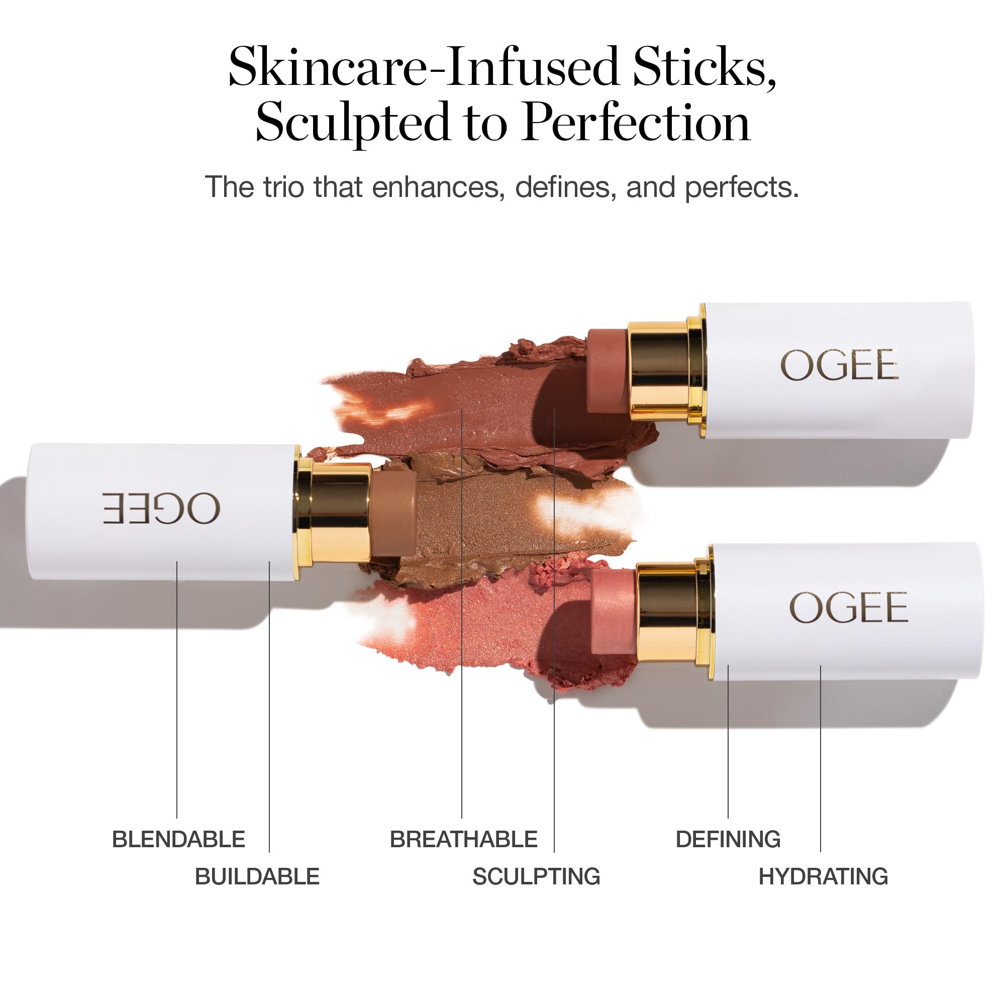 Ogee Face Stick Trio - Organic Golden Contour Stick Makeup Set with Bronzer, Blush & Highlighter for Natural Glow | Vegan, Cruelty-Free | Perfect for Everyday Wear & Special Occasions