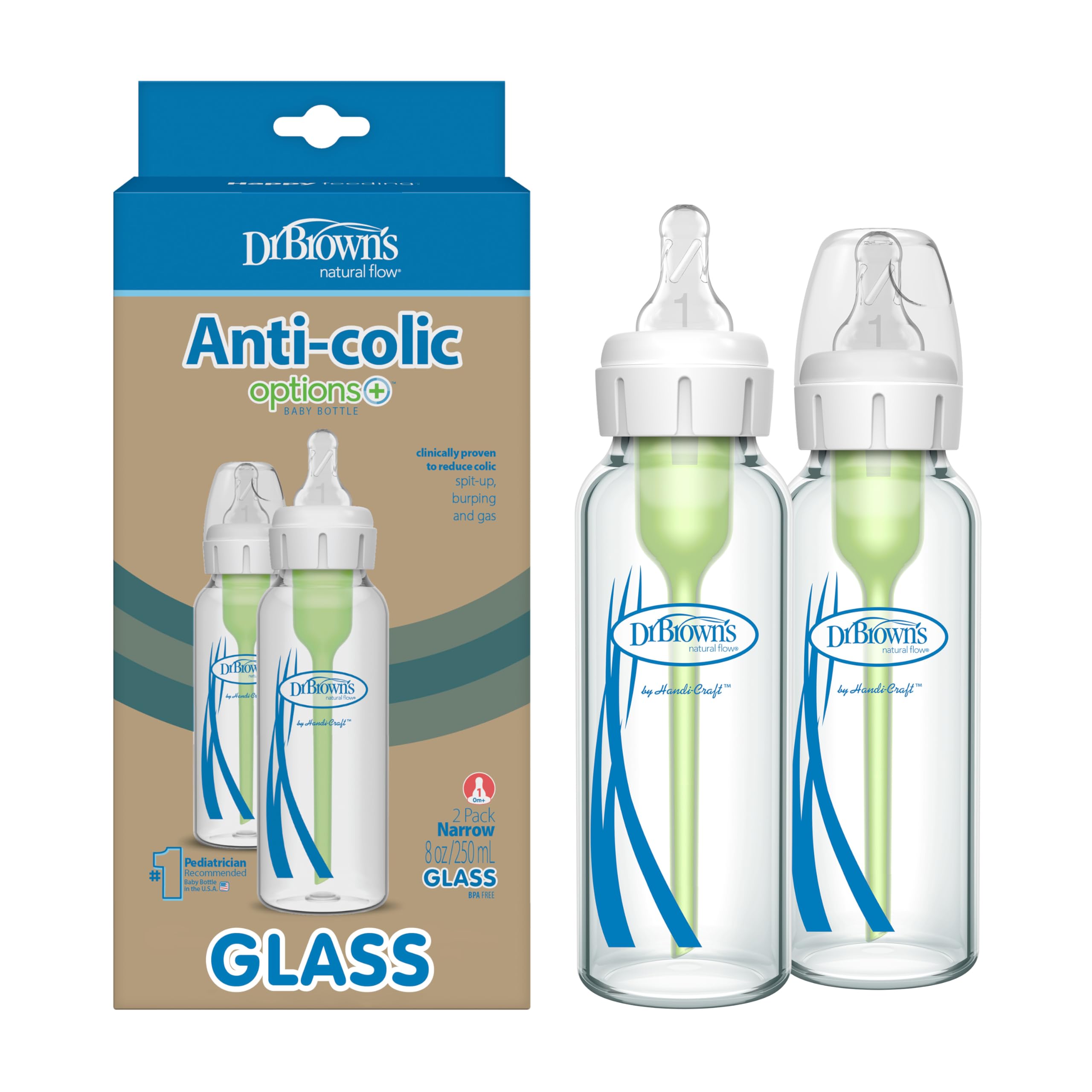 Dr. Brown’s Natural Flow® Anti-Colic Options+™ Narrow Glass Baby Bottles, 2-Pack, 8 oz/250 mL - BPA-Free Baby Feeding Bottles for Newborns & Infants - Perfect for Breastfeeding Transition & Reducing Colic (Packaging May Vary) | Dr. Brown’s Options+ Narrow Baby Bottles, 4-Pack, 8 oz - Ideal for Formula Feeding & Gas Relief in Infants