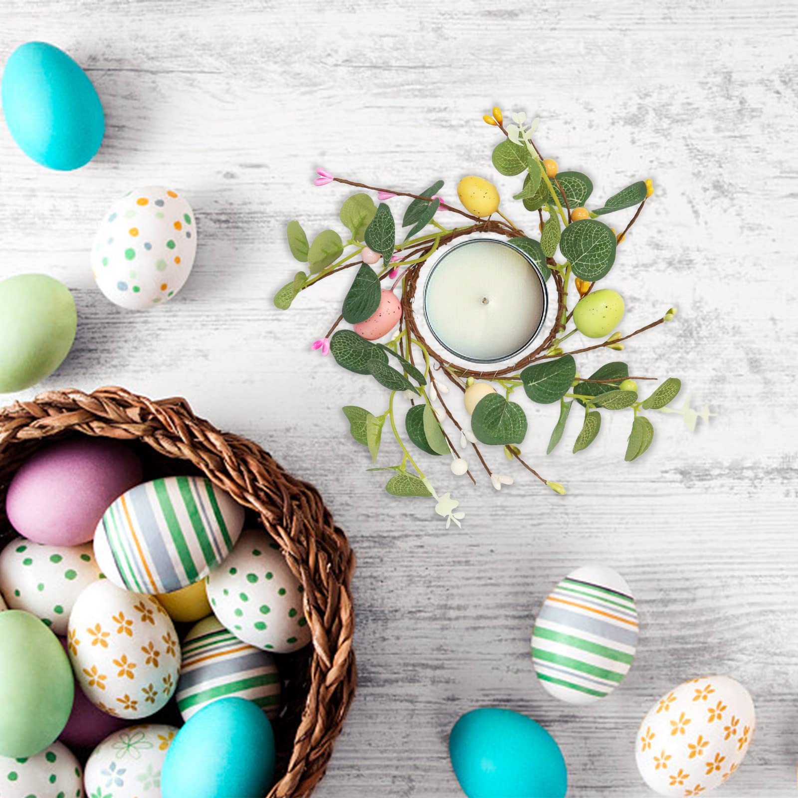 BEIJIALY 4-Pack Easter Candle Rings - Farmhouse Style Artificial Wreaths with Easter Eggs & Pip Berries for Table Decor - Green (Perfect for Easter Holiday Centerpieces, Spring Home Decor & Farmhouse Themed Parties)