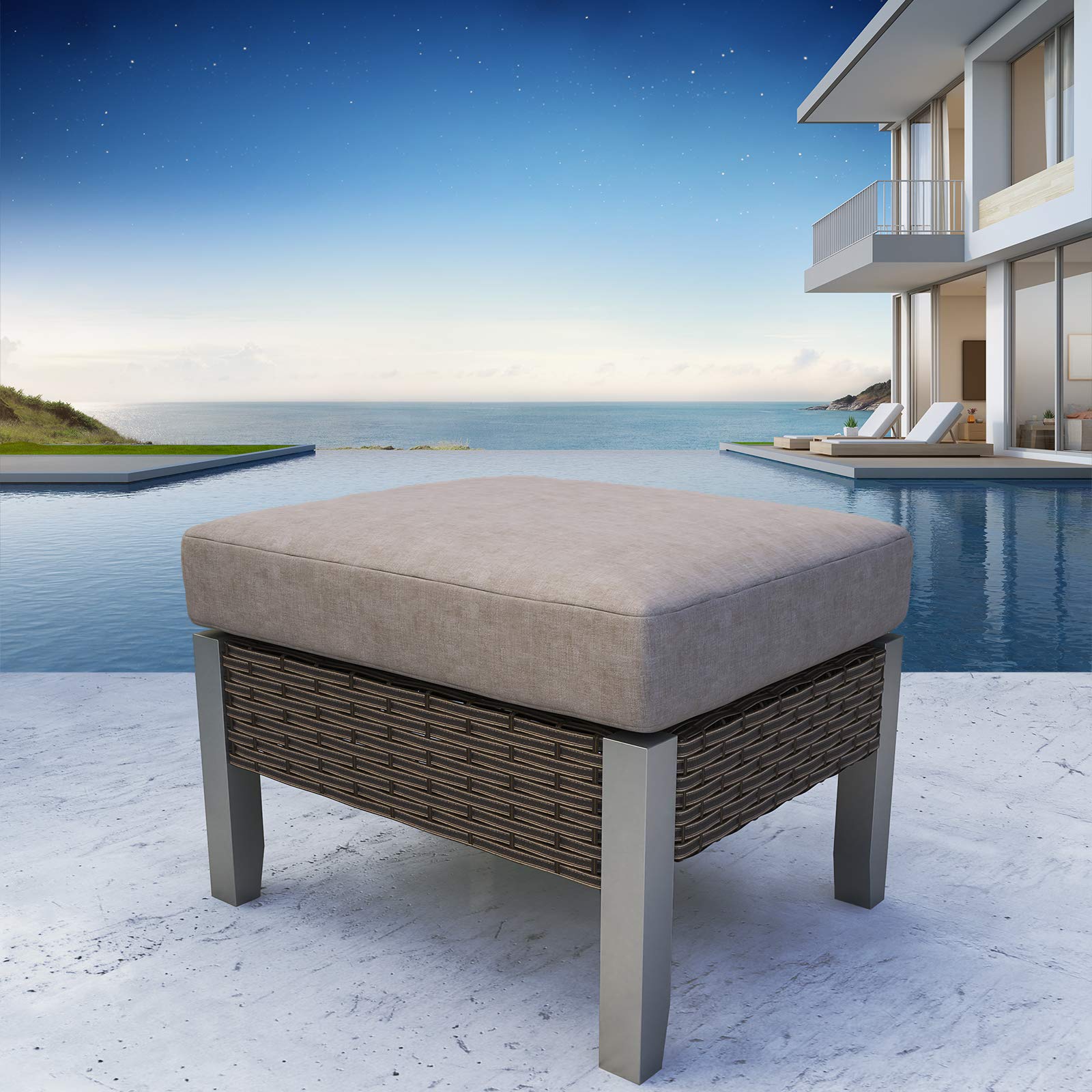 Outdoor Rattan Wicker Ottoman with Thick Cushion - All-Weather Metal Footrest Stool for Patio, Garden & Lawn - Perfect for Relaxing, Entertaining & Outdoor Decor