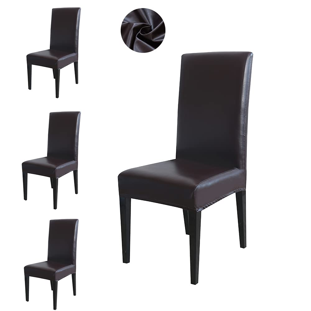 Lygooh PU Leather Dining Chair Covers - Waterproof, Oilproof, Stretchable Slipcovers (4-Pack, Deep Coffee) - Perfect for Dining Room, Kitchen & Living Room Furniture Protection