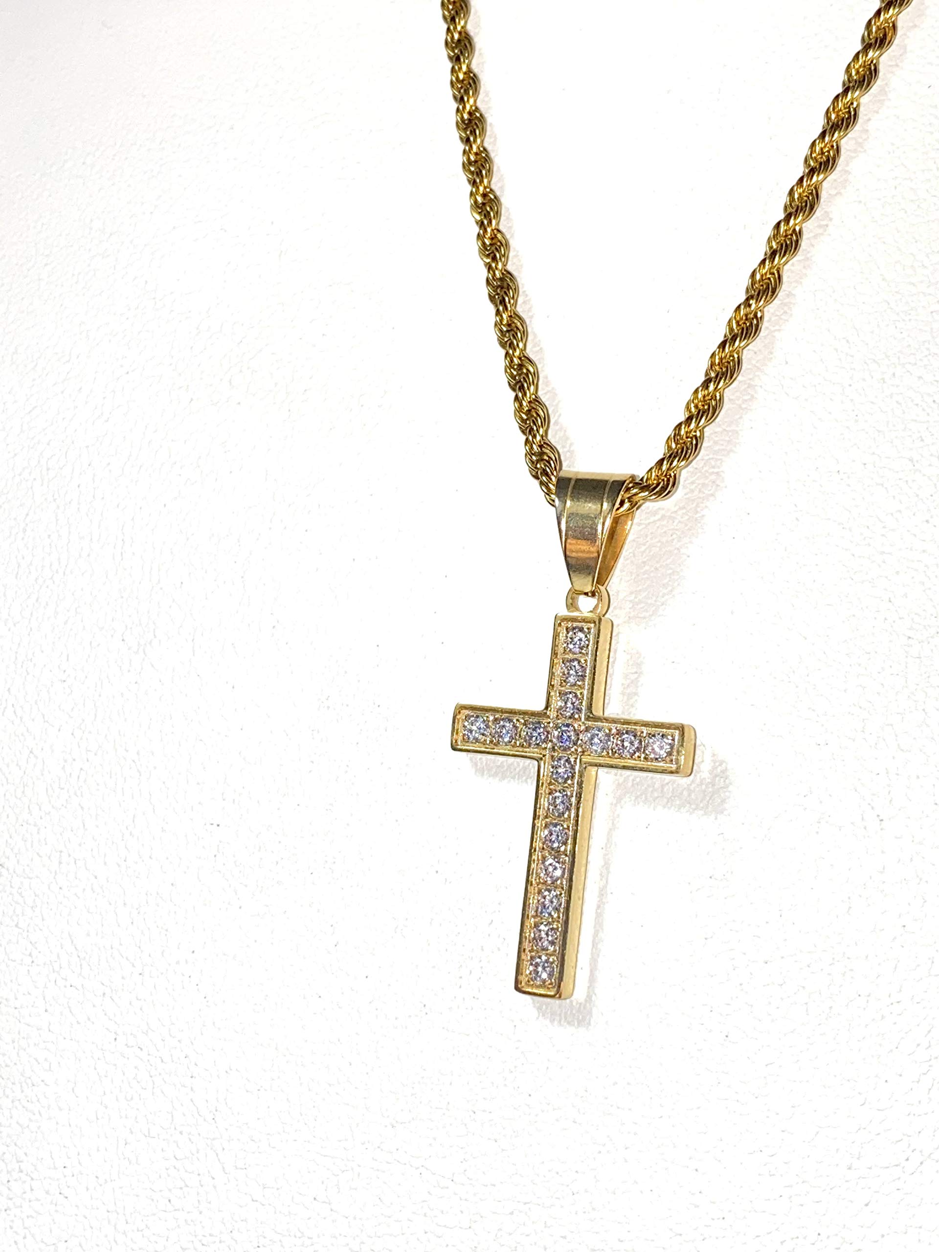 925 Sterling Silver Iced Gold Cross Jesus Crucifix Pendant with Diamond Accents - Religious Jewelry for Men & Women - Stainless Steel 3mm Rope Chain - Perfect for Church, Weddings, Baptisms & Everyday Faith Fashion