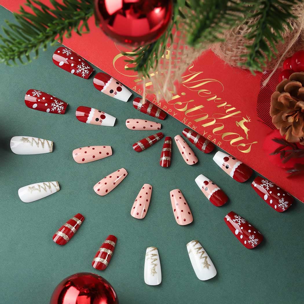 Uranian Christmas Press on Nails - 24pcs Long Red Coffin Fake Nails with Snowflake, Stripes & Santa Claus Elk Glitter Designs | Glossy Full Cover French Tip Acrylic Nails for Women & Girls | Perfect for Holiday Parties, Gift Giving & Festive Nail Art