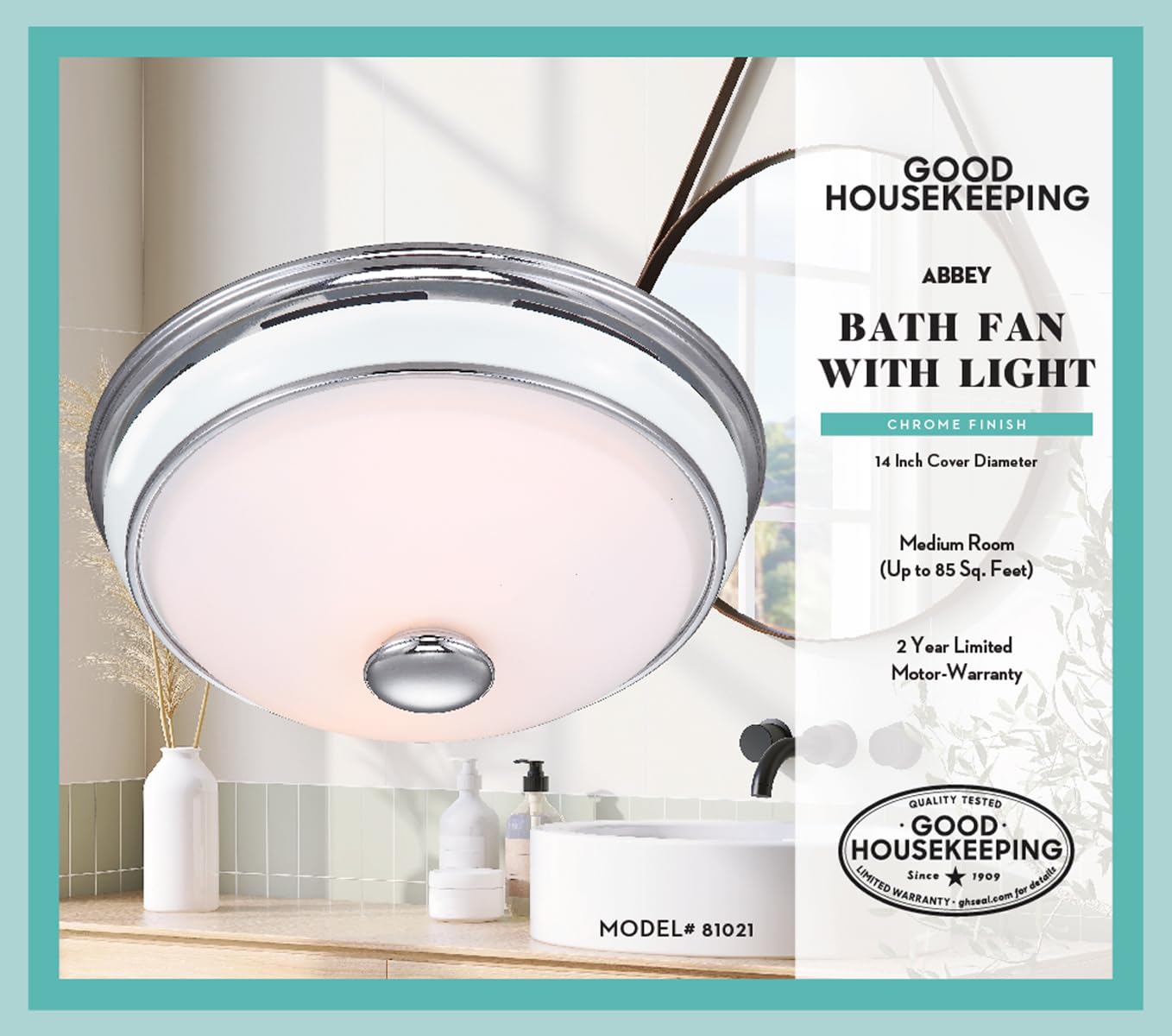 Good Housekeeping 81021 Abbey Decorative Bathroom Exhaust Fan with Light, Medium Size in Chrome & Porcelain - Perfect for Bathroom Ventilation and Stylish Home Decor