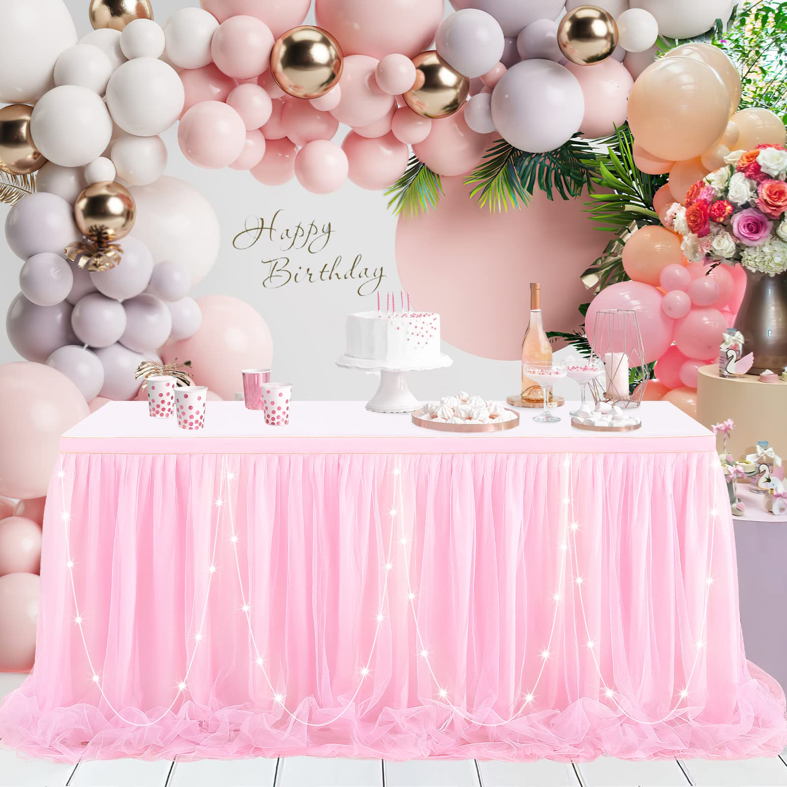 6ft Pink Tulle Table Skirt with LED Lights - Elegant Table Cover for Rectangle & Round Tables | Perfect for Baby Showers, Princess Birthday Parties, Cake & Dessert Table Decorations | Wedding, Quinceañera & Bridal Shower Decor