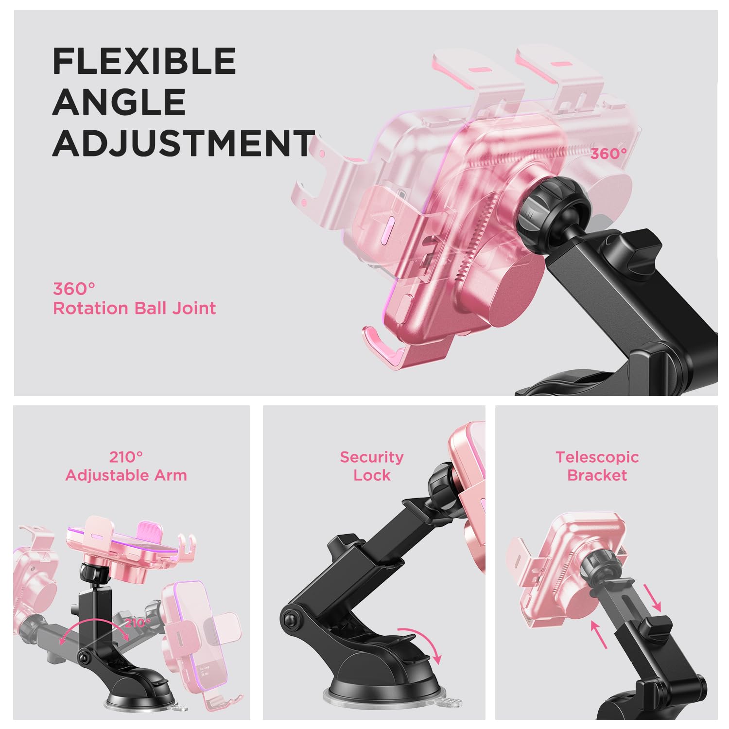 15W Auto Clamping Wireless Car Charger with 7 Color LED Backlit - Universal Phone Mount Holder for iPhone 14/13/12/11/X, Samsung Galaxy S23/S22/S21/S10/Note 20 (Pink) - Perfect for Hands-Free Charging While Driving