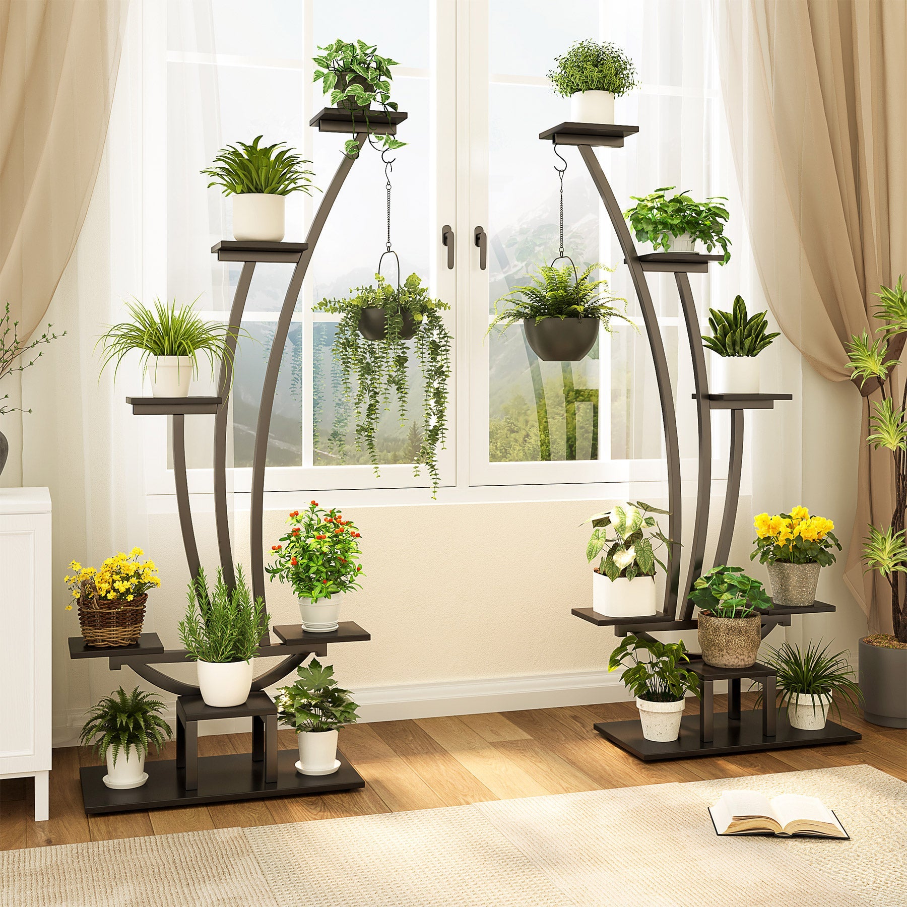 6 Tier Metal Plant Stand - Pack of 2 Curved Display Shelves with Hanging Hooks for Indoor Outdoor Garden, Balcony, Patio Decor