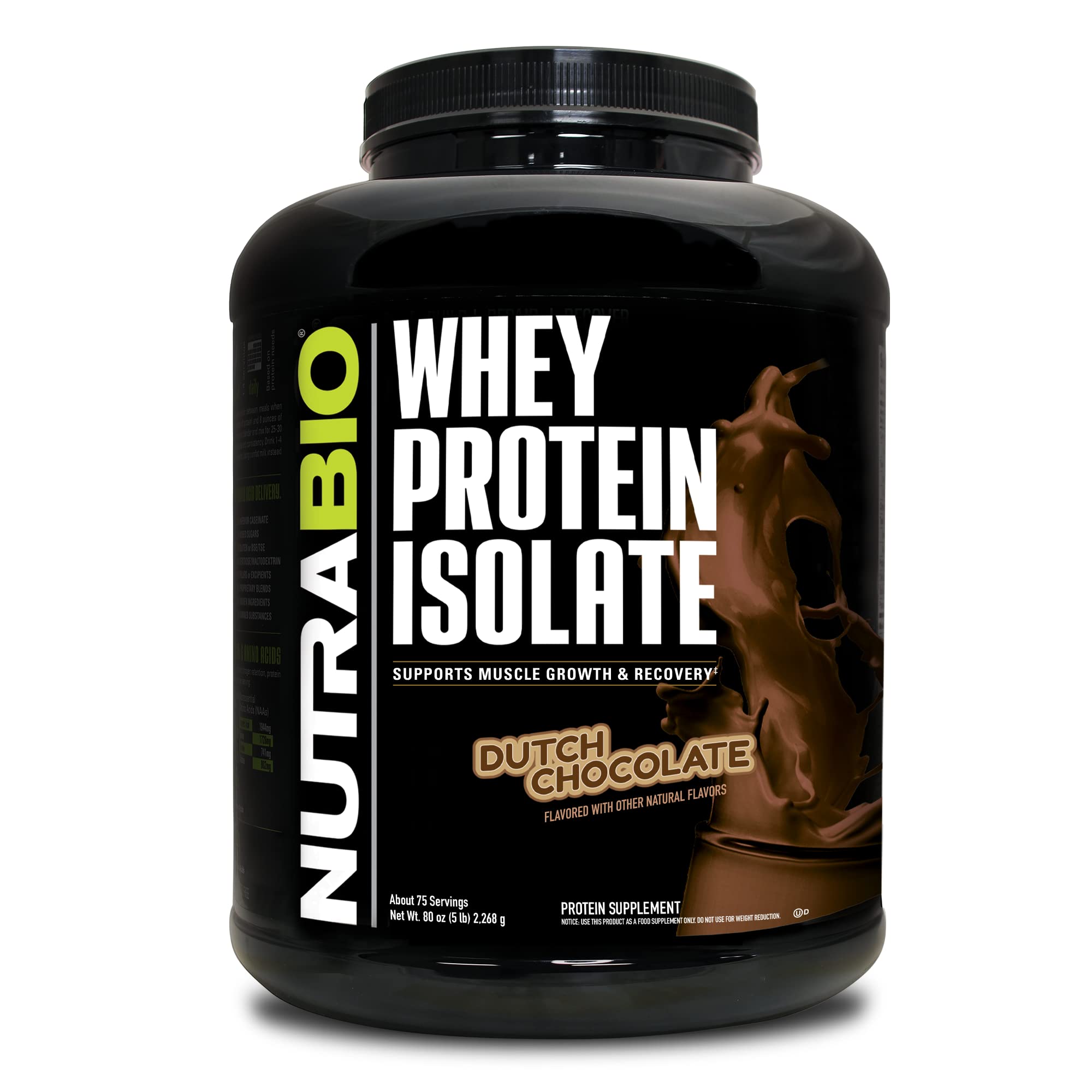 NutraBio Whey Protein Isolate Powder - 25g Protein Per Scoop, Complete Amino Acid Profile - Soy Free, Gluten Free, Non-GMO, No Fillers - Dutch Chocolate Flavor (5 Lbs) - Post Workout Recovery, Muscle Building, Healthy Snack for Fitness Enthusiasts