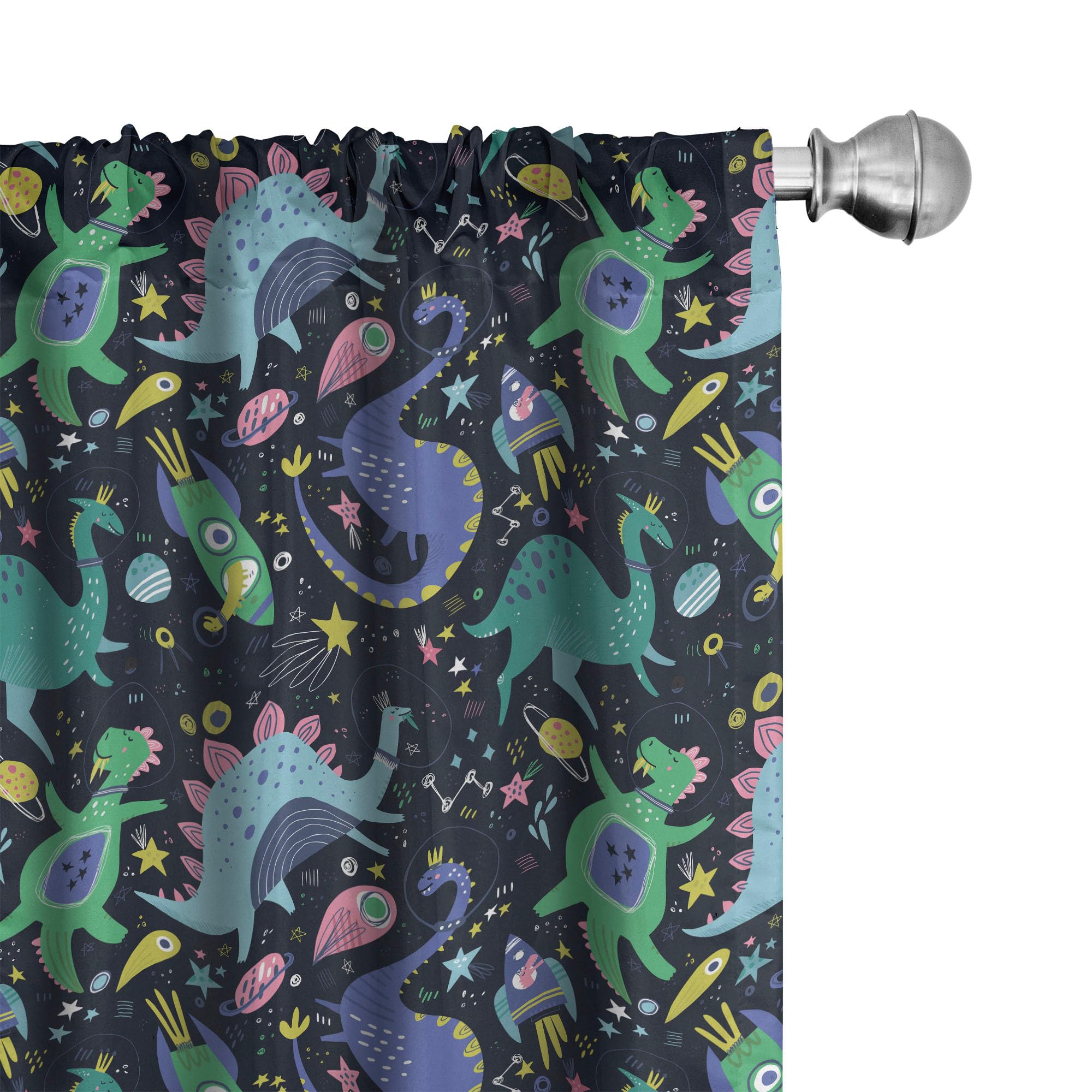 Ambesonne Dragon Window Curtains - Space Themed Hand-Painted Universe Design with Dinosaur Characters & Planets - Lightweight Black & Green Decor (2 Panels, 28