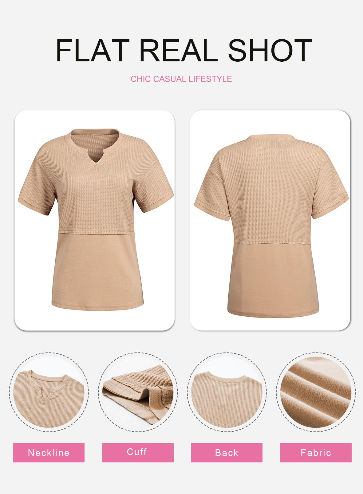 SHEWIN Women's Casual V-Neck Waffle Knit Top - Short Sleeve Loose Blouse T-Shirt for Summer, Travel & Everyday Wear