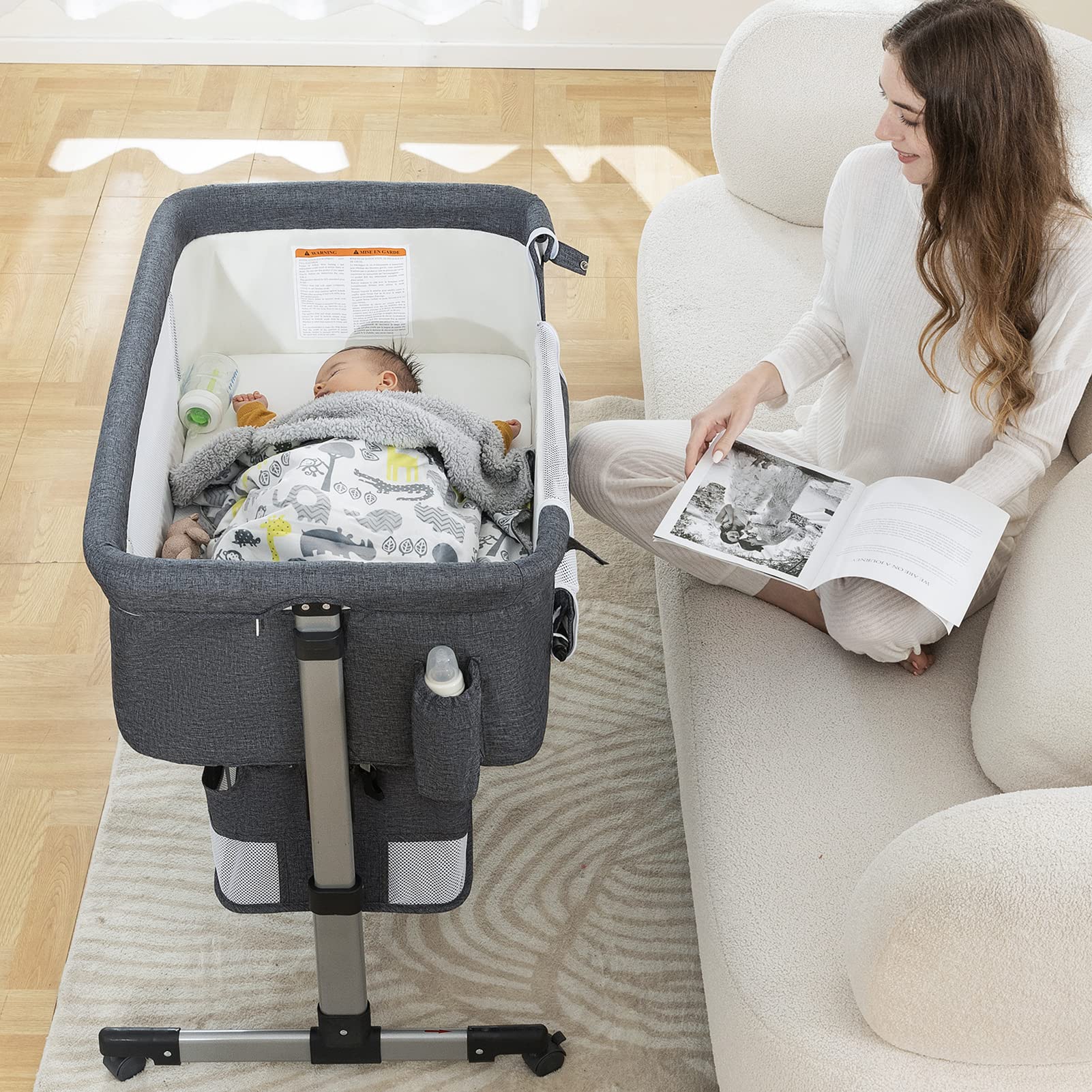 Ihoming Portable Baby Bassinet Bedside Sleeper - Adjustable Newborn Crib with Storage Basket & Easy Folding Design, Gray | Perfect for Nursery, Bedroom Co-Sleeping & Travel Use