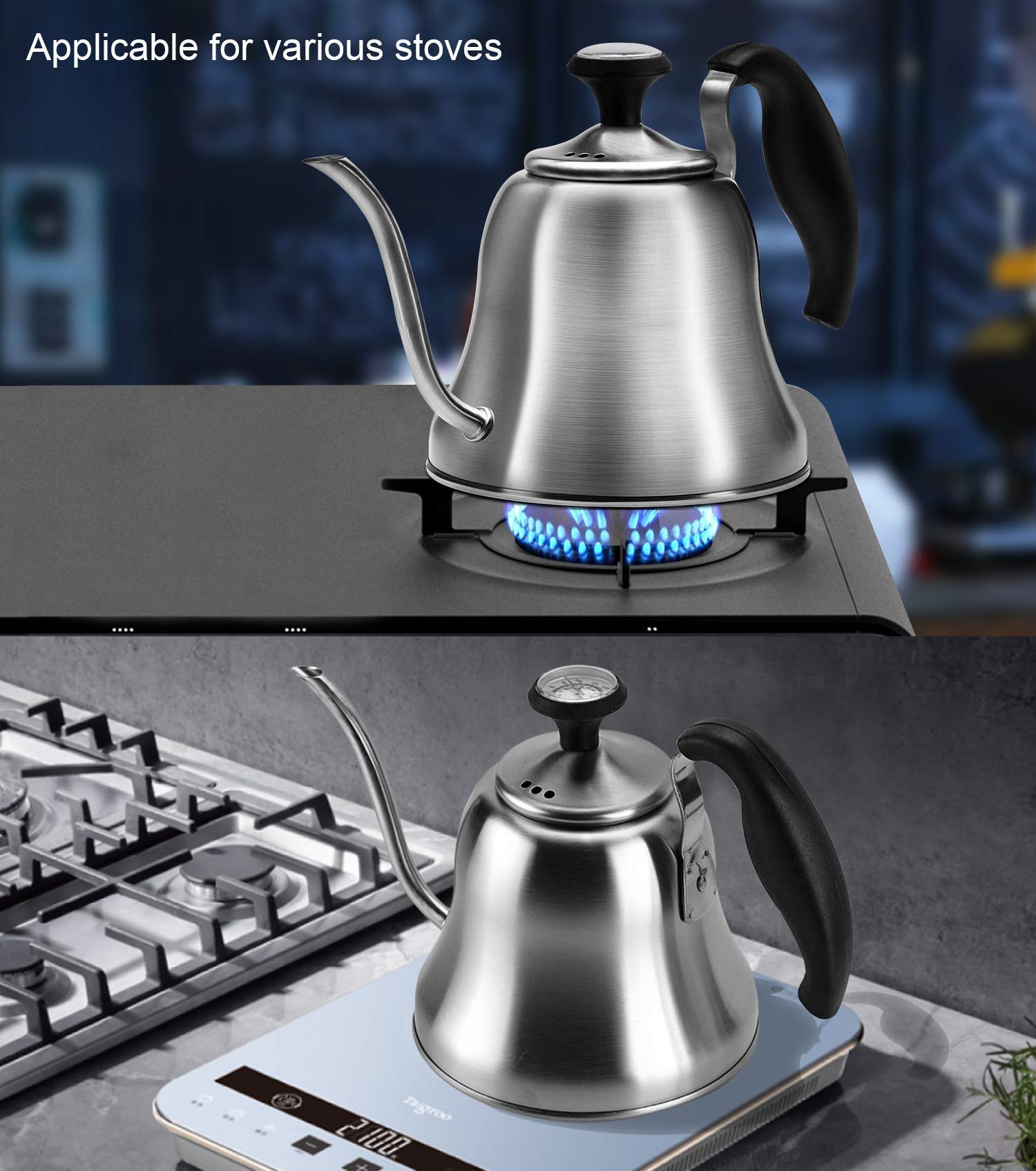 Premium Brushed Silver Gooseneck Kettle with Thermometer - Stovetop Electric Pour Over Coffee & Tea Kettle - Perfect for Home Brewing, Specialty Coffee, and Tea Ceremonies