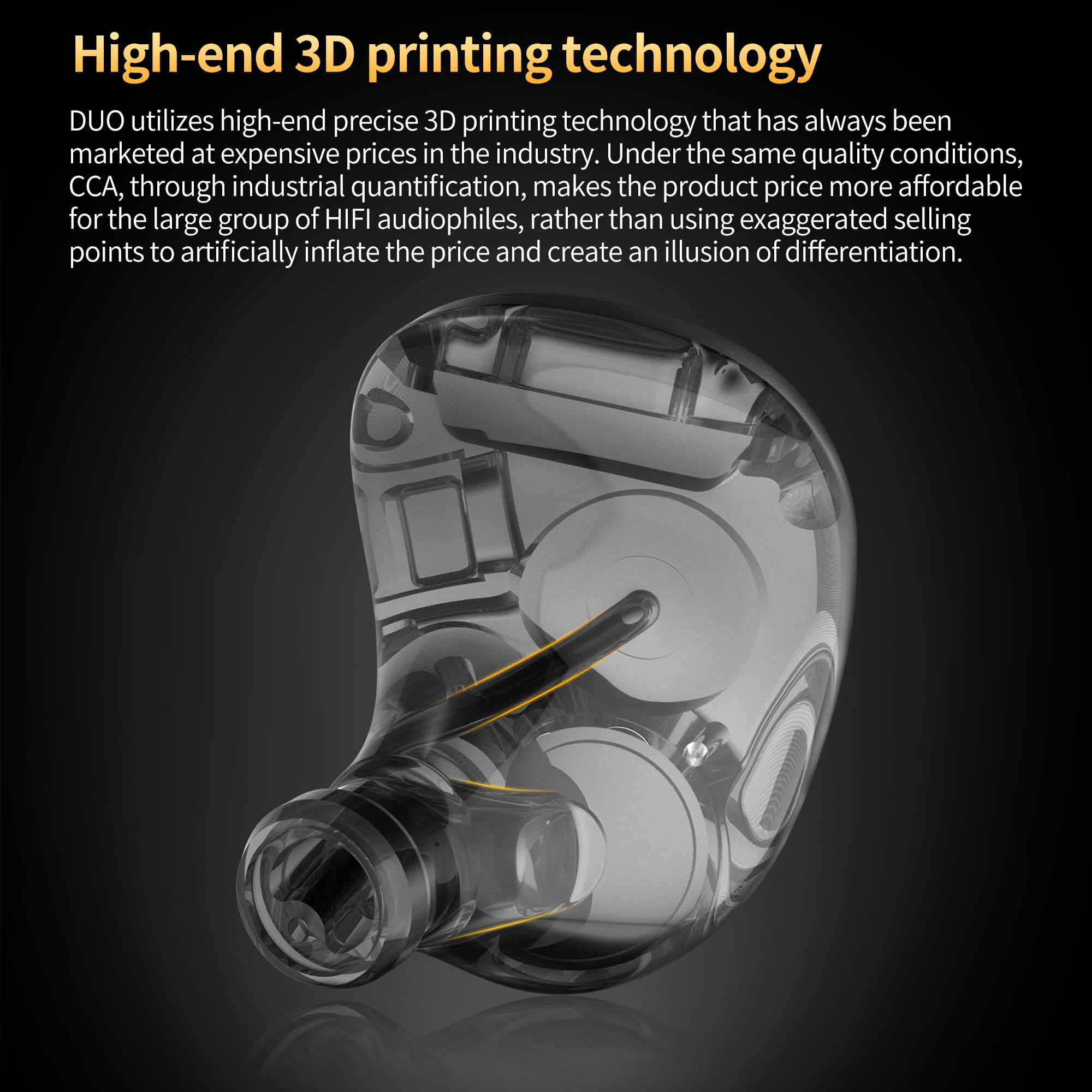 CCA Duo 3D Printing Dual Dynamic Driver HiFi In-Ear Monitor Headphones - Wired IEM Earbuds with Detachable 0.75mm Silver Cable (No Mic, Black) for Audiophiles, Musicians & Studio Monitoring