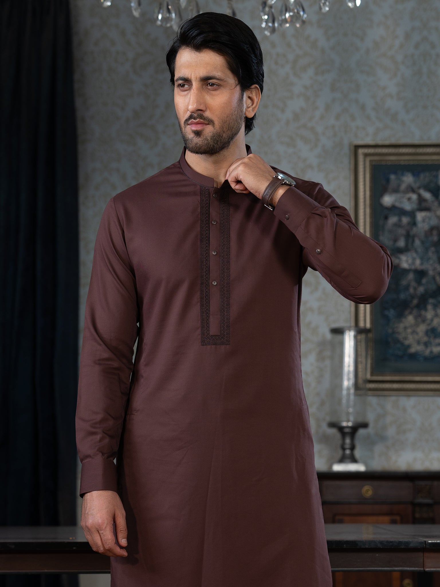 Blended Burberry Puce Kurta Trouser by J. Junaid Jamshed - Stylish Traditional Pakistani Outfit for Weddings & Festive Occasions