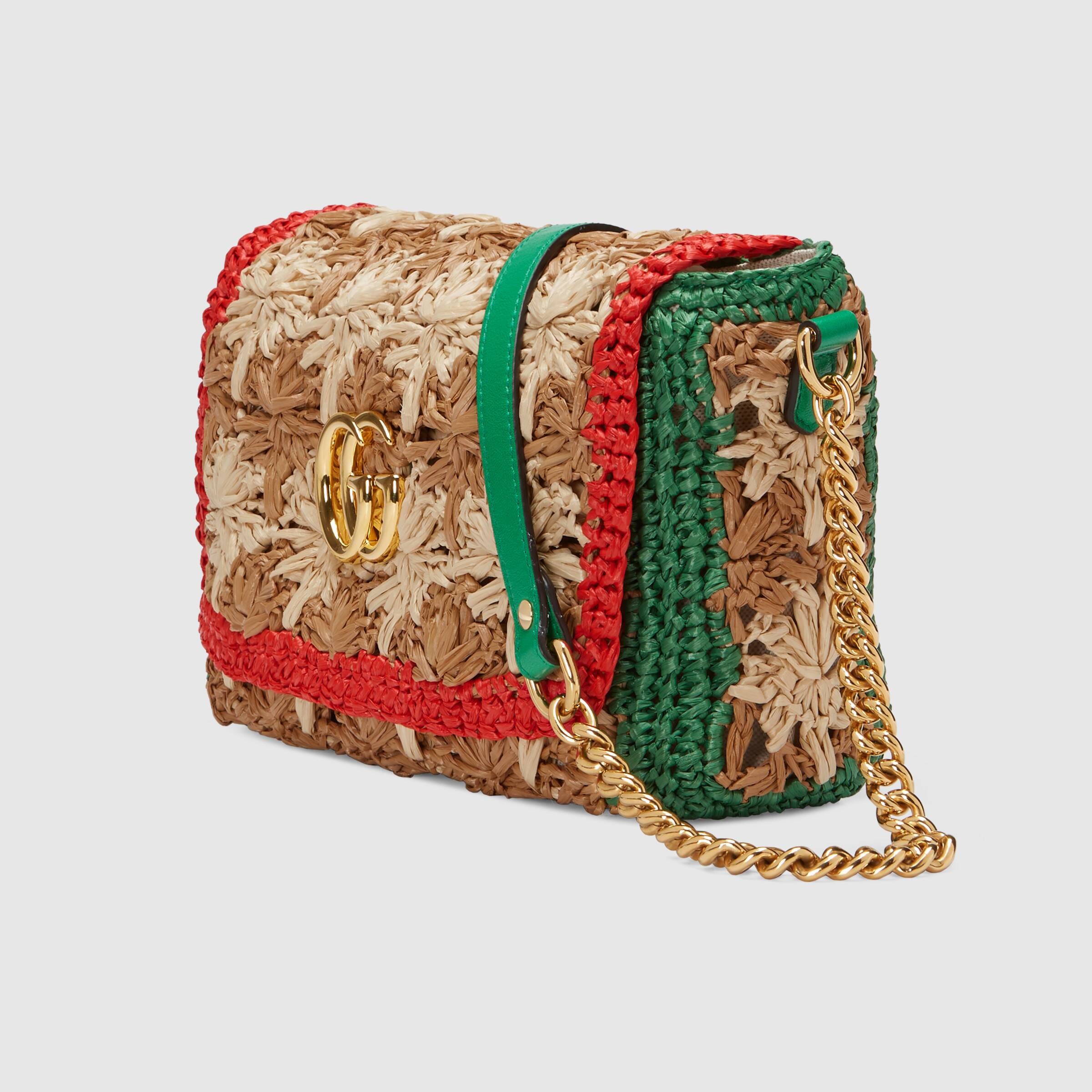 Gucci Marmont Raffia Small Shoulder Bag in Red & Green - Perfect for Summer Outings, Beach Vacations, and Casual Chic Style