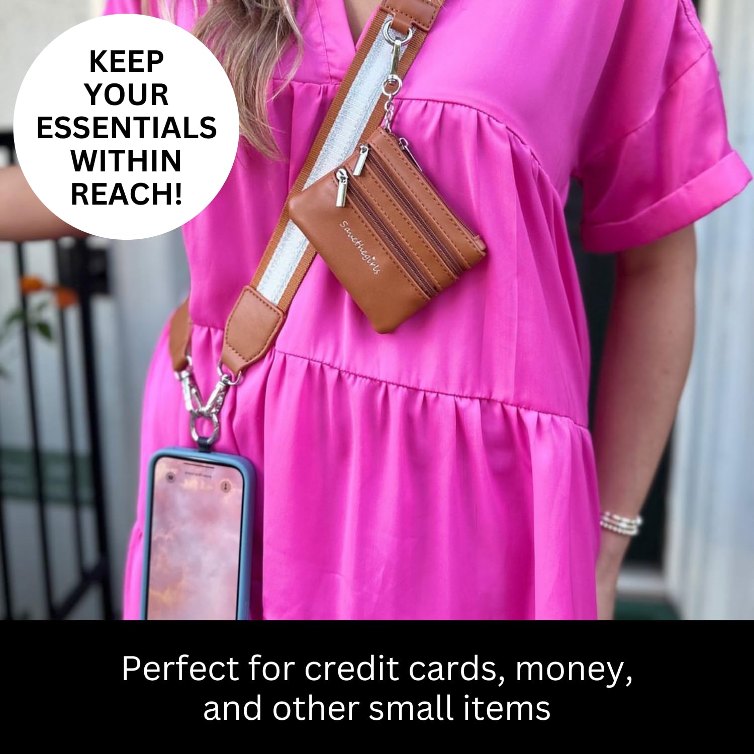 Original Clip and Go Phone Strap with Zipper Wallet Pouch - Crossbody Phone Lanyard in Stripe Copper/Silver/White - Perfect for Travel, Shopping, and Everyday Convenience