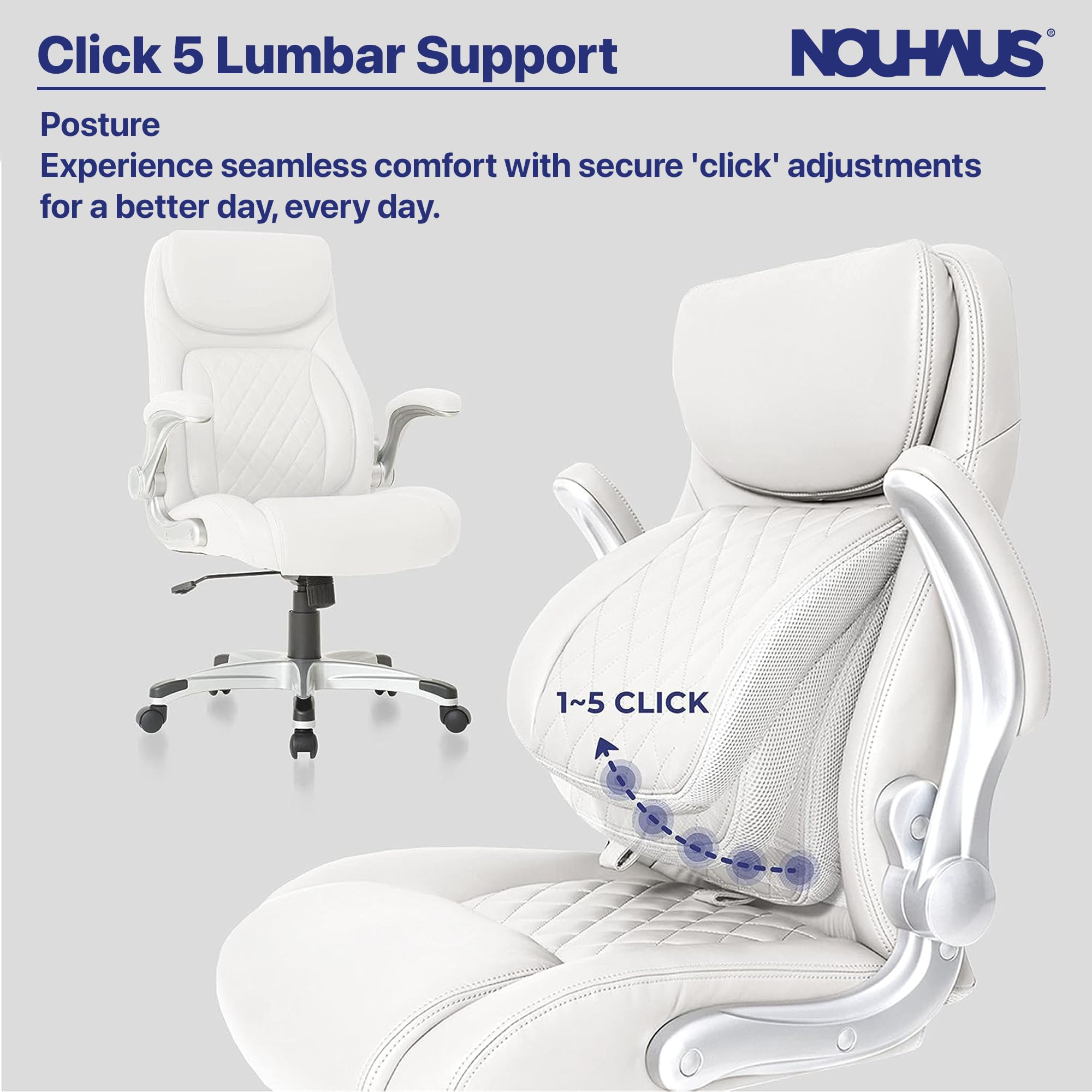 Nouhaus Ergonomic Office Chair with Posture Support - PU Leather Executive Desk Chair with Adjustable Lumbar Support & Flip-Up Armrests - Modern Computer Chair for Home & Office Workspace (White)