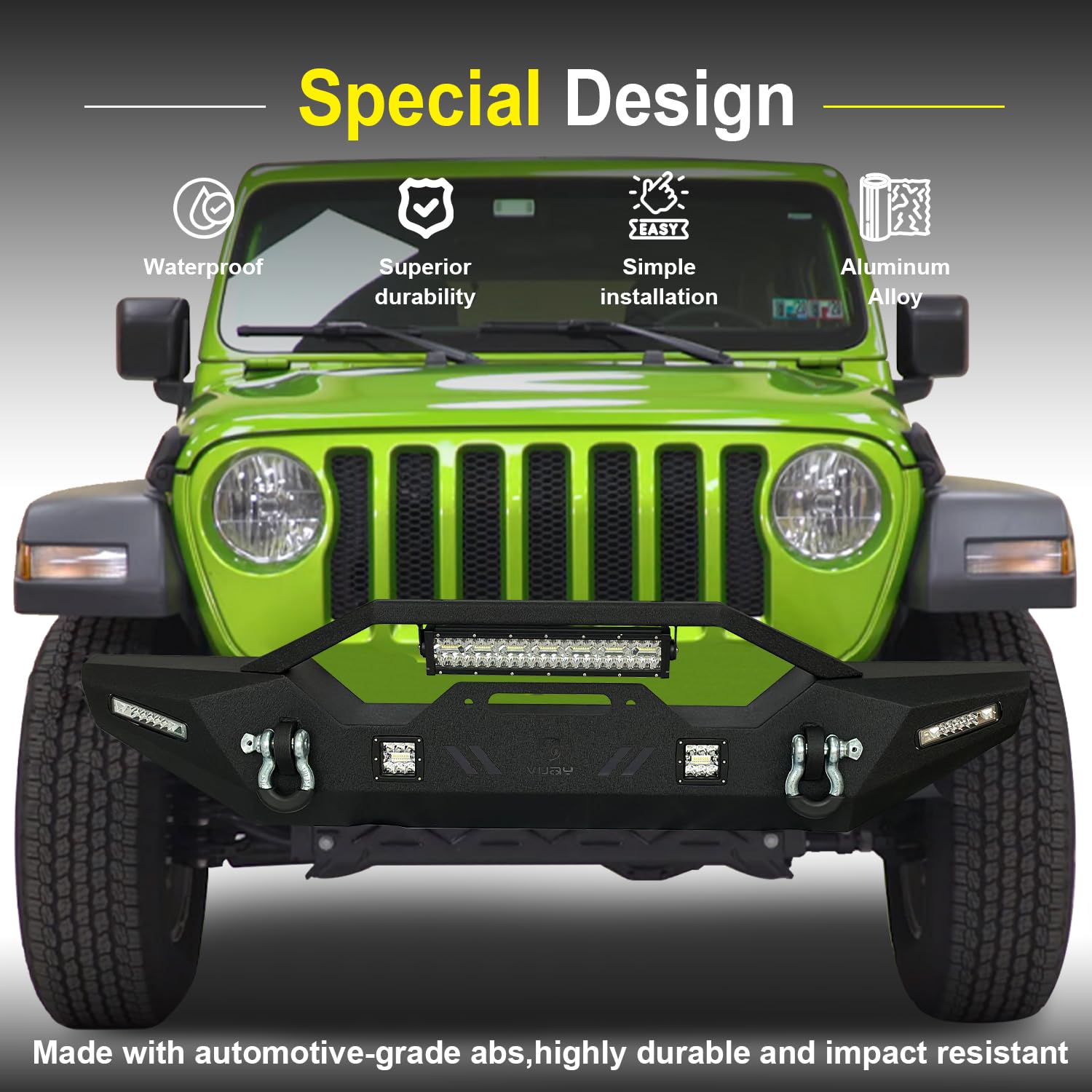 Black Textured Front Bumper with Winch Plate, LED Lights & D-Rings for 2007-2025 Jeep Wrangler JK/JKU/JL/JLU & 2020-2025 Gladiator JT - Off-Road Adventure & Daily Driving Upgrade