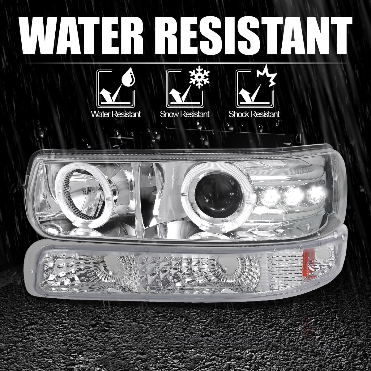 Spec-D Tuning Chrome LED Halo Projector Headlights with Bumper Lights - Compatible with 1999-2002 Chevy Silverado & 2000-2006 Tahoe - Left/Right Pair Headlamp Assembly - Upgrade for Night Driving & Off-Road Adventures