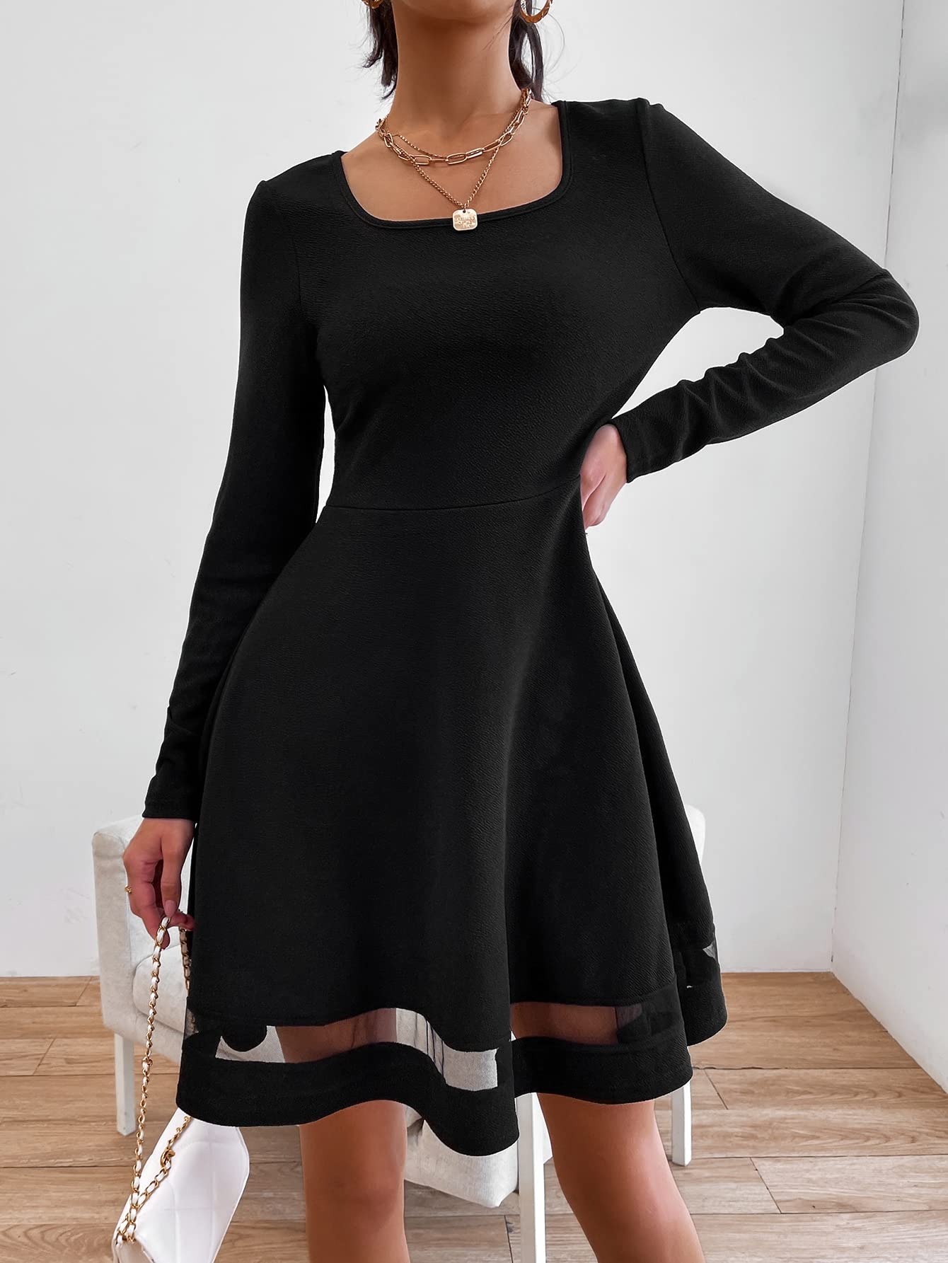 Elegant Women's Mesh Insert Square Neck Flare Hem Dress - Slim Fit Fashion for Party, Wedding & Evening Wear (Black, Small)