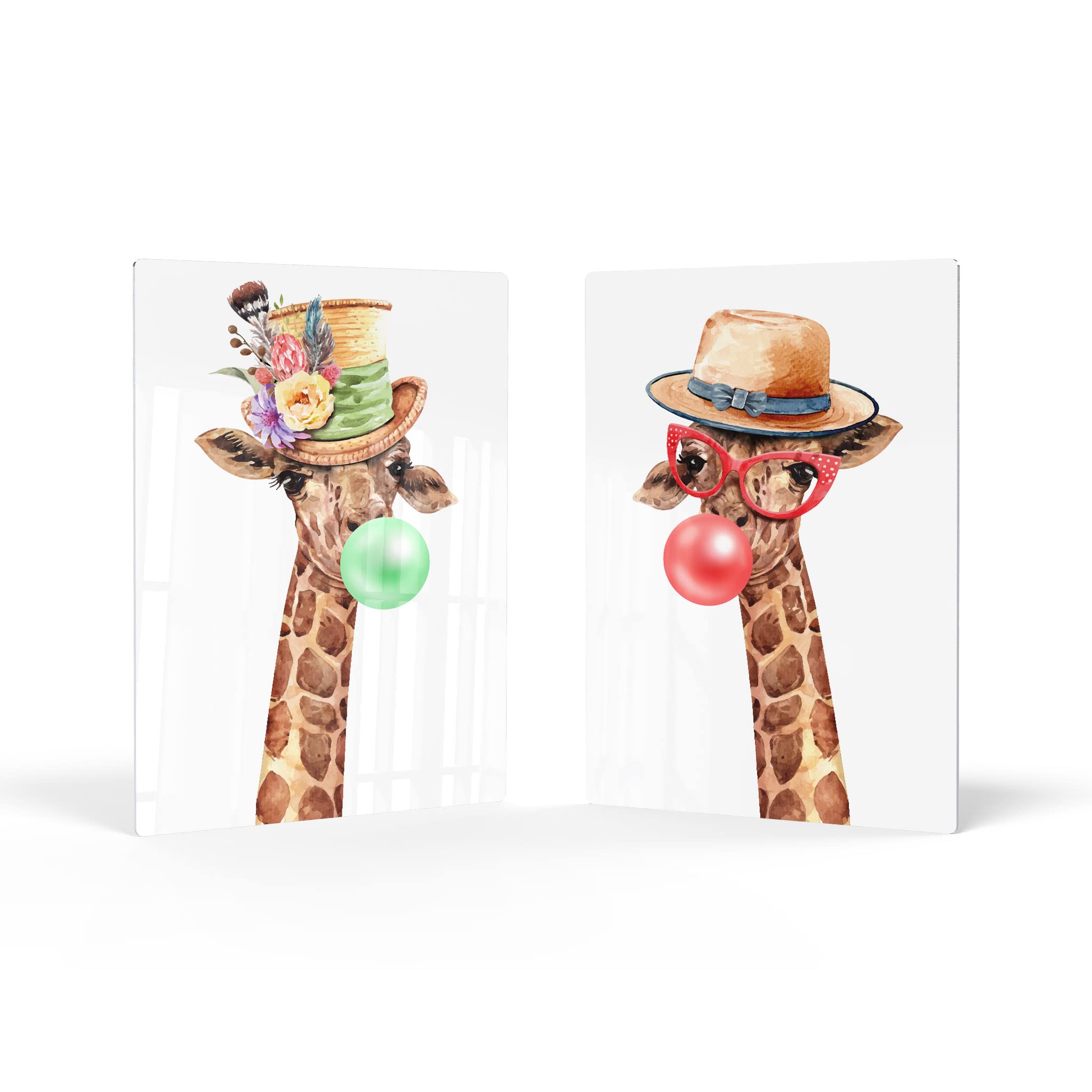 Giraffe with Flowered Hat Chewing Bubble Gum - 2 Piece Metal Wall Art Set, Animal Pop Art Decor for Living Room, Bedroom, Nursery (40x30) - Perfect for Kids Room, Baby Nursery & Modern Home Decor