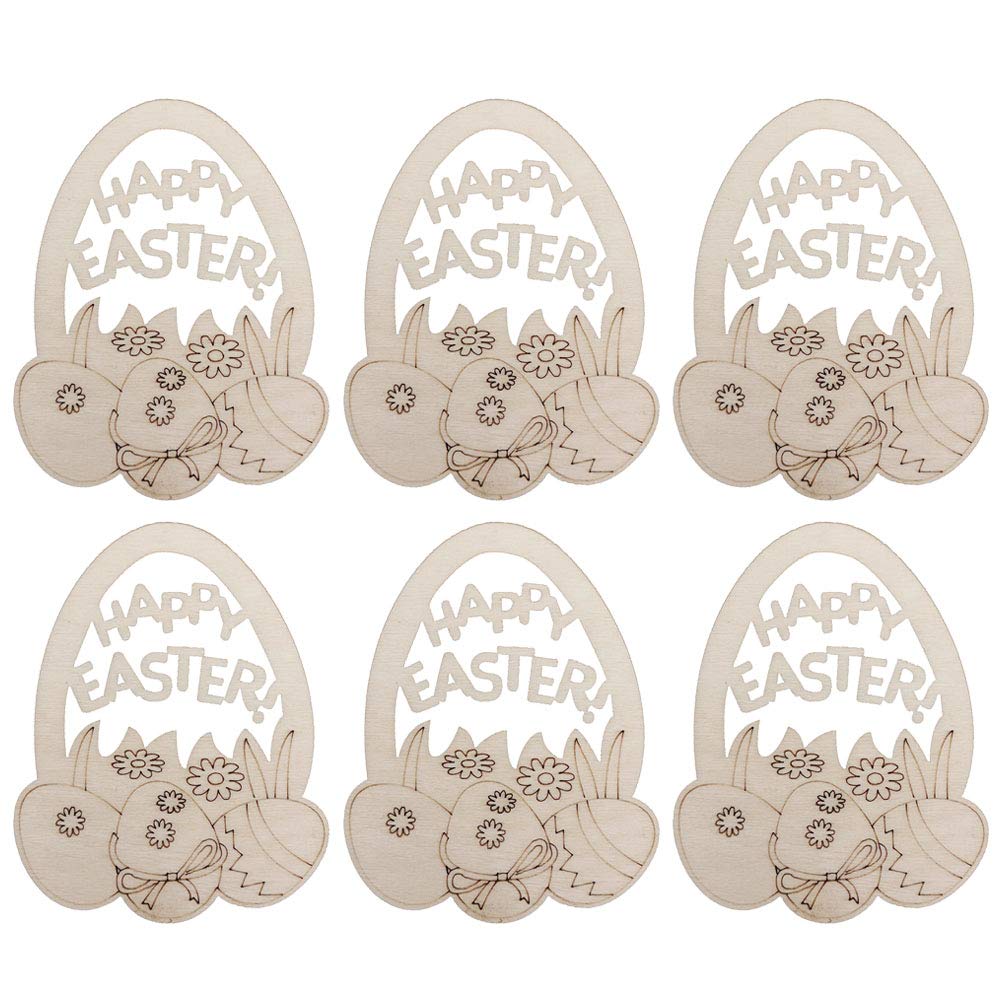 INOOMP 6pcs Wooden Easter Egg Hanging Ornaments - DIY Easter Craft Decor with Hemp Rope for Easter Party, Home, Tree & Spring Festival Decorations