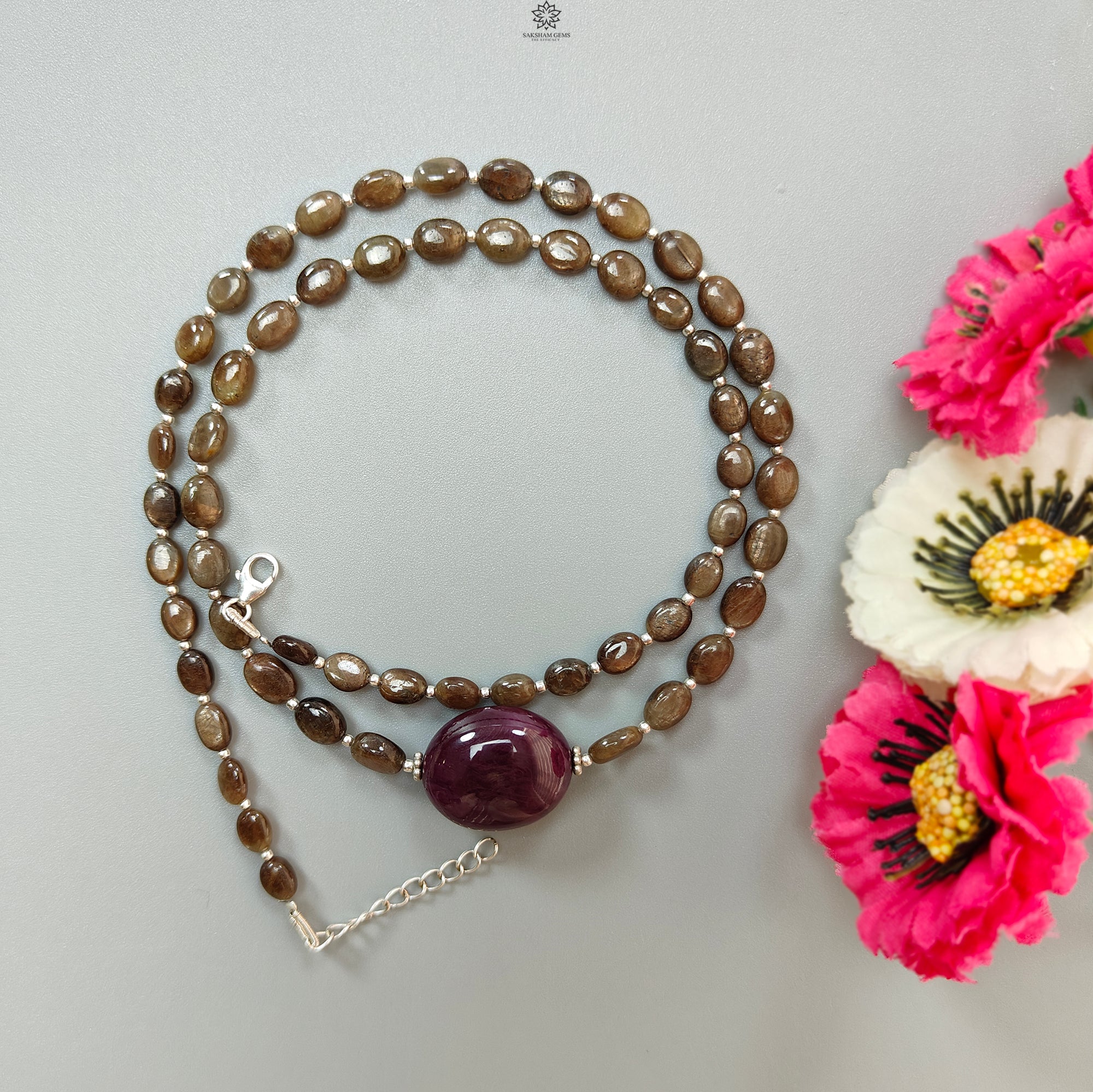 Golden Chocolate Sapphire Gemstone Beads Necklace - 28.11g Natural Ruby & Sapphire Oval 925 Sterling Silver Jewelry (6x5mm, 8x6mm, 20