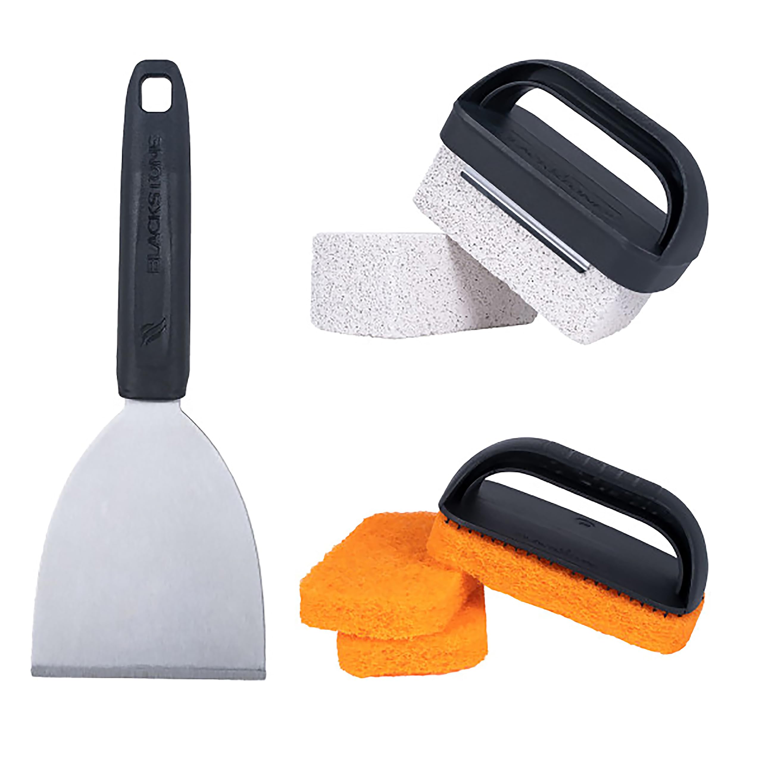 Blackstone 5463 8-Piece BBQ Grill Cleaning Kit - Stainless Steel Griddle Scraper, 3 Scouring Pads, 2 Pumice Stones with Handle (Black/Orange/Silver) for Indoor & Outdoor Flat Top Grills - Perfect for Backyard BBQs, Camping, and Outdoor Cooking