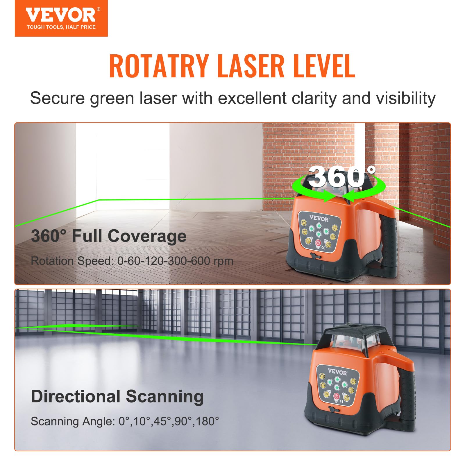 VEVOR 2000ft Rotary Laser Level with 360° Self-Leveling Green Cross Line, 5 Speed & 4 Angle Adjustments, IP66 Waterproof, Remote Control, Manual Mode - Perfect for Construction, Landscaping, and DIY Projects (Battery Included)