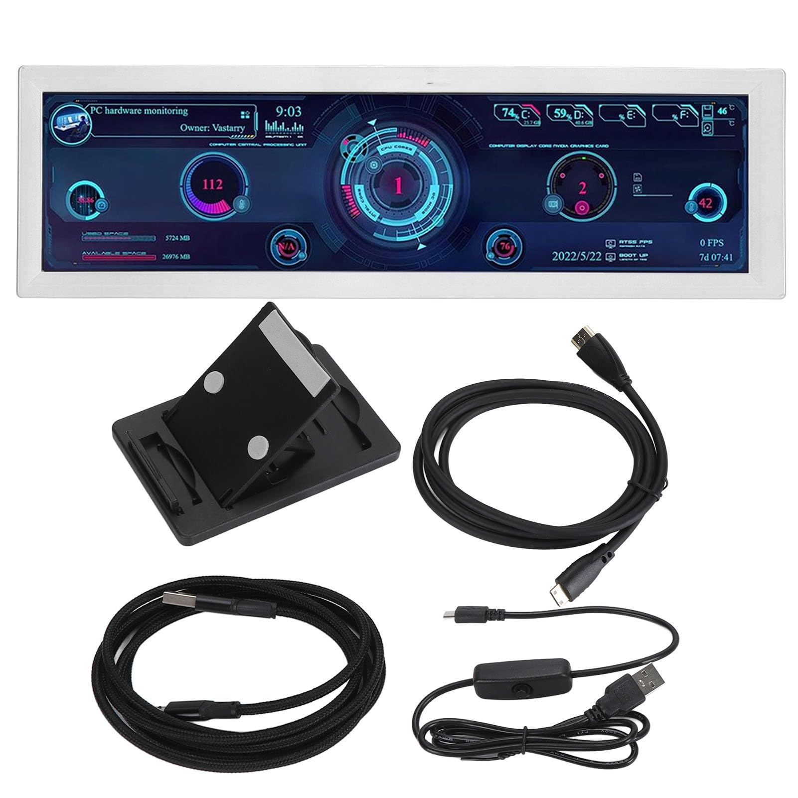 CIGIGLOW 8.8 Inch PC Temperature Monitor - HD IPS 1920x480 Display with Mini HDMI/USB - Real-Time CPU GPU RAM FPS HDD Data Screen for Gaming & Workstation (White) - Perfect for Gaming Rigs, Streaming Setups & Office Computers