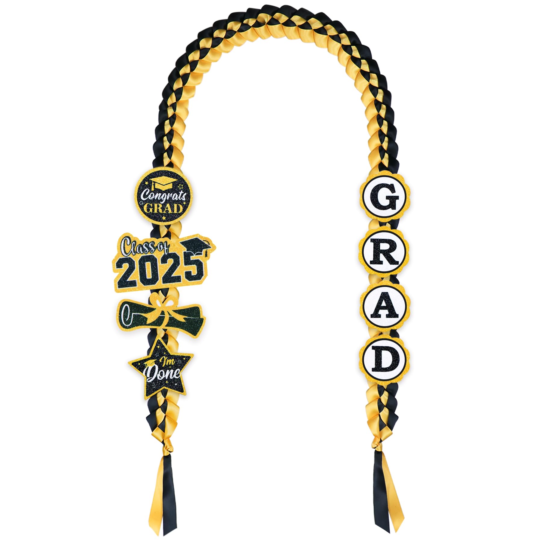 2025 Graduation Money Leis - Handmade Double Braided Ribbon Lei with 8 Glitter Patches for Graduation Party Decor (Black & Gold) | Perfect for High School & College Graduation Gifts
