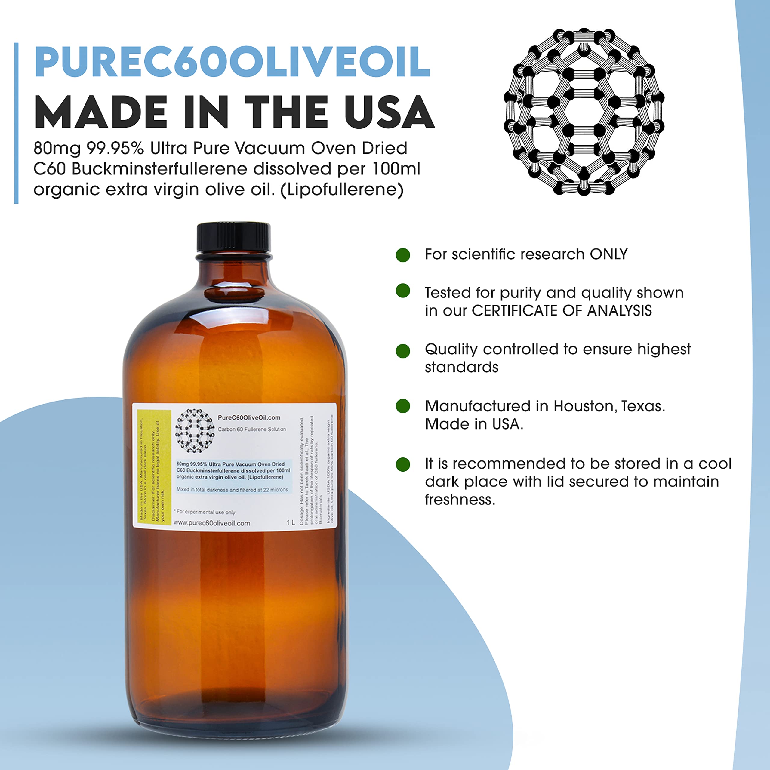 Pure C60 Olive Oil - 99.95% Carbon 60 Solvent Free (800mg) in 1L / 33.8 Fl Oz Amber Glass Bottle - Organic Food Grade Supplement - Antioxidant Support for Skin, Brain & Joint Health - From Leading Global Producer - Perfect for Daily Wellness Routine & Anti-Aging Regimen