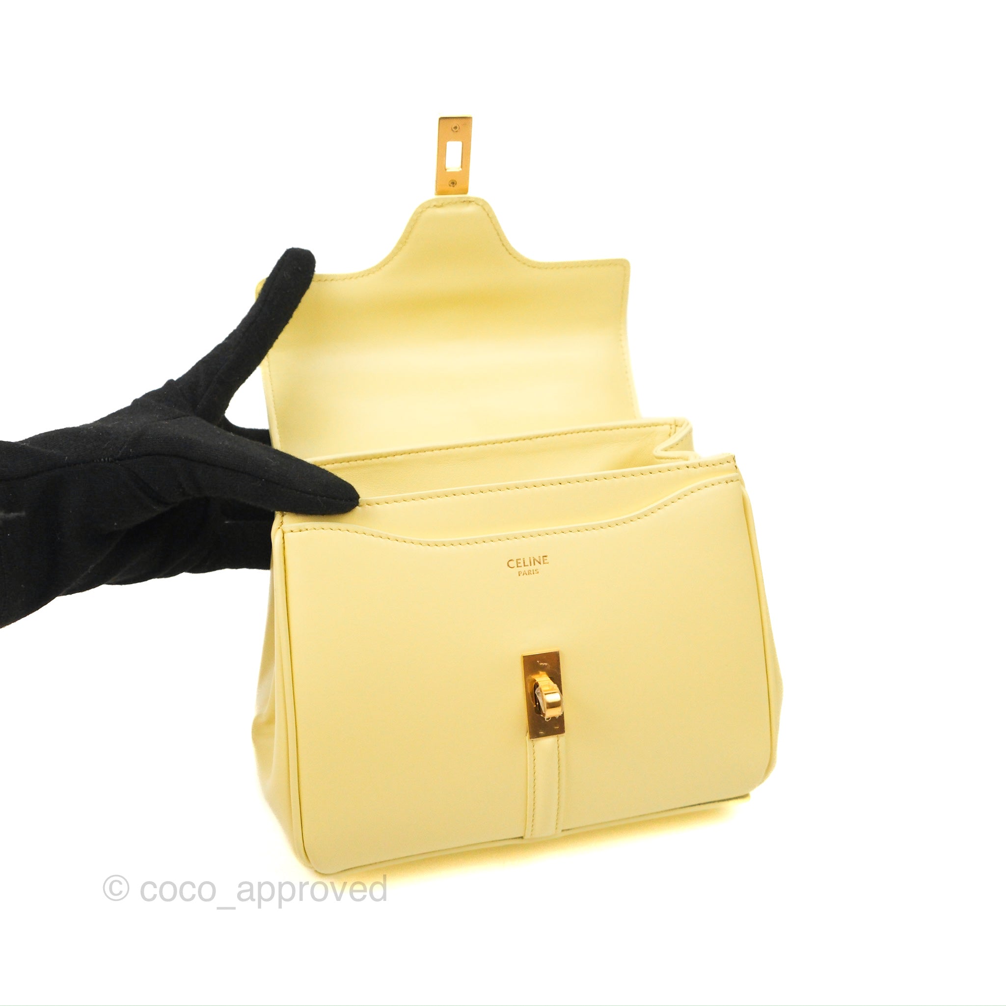 Celine Mini 16 Handbag in Soft Yellow Satinated Calfskin Leather - Luxury Crossbody Bag for Women, Perfect for Date Night & Special Occasions