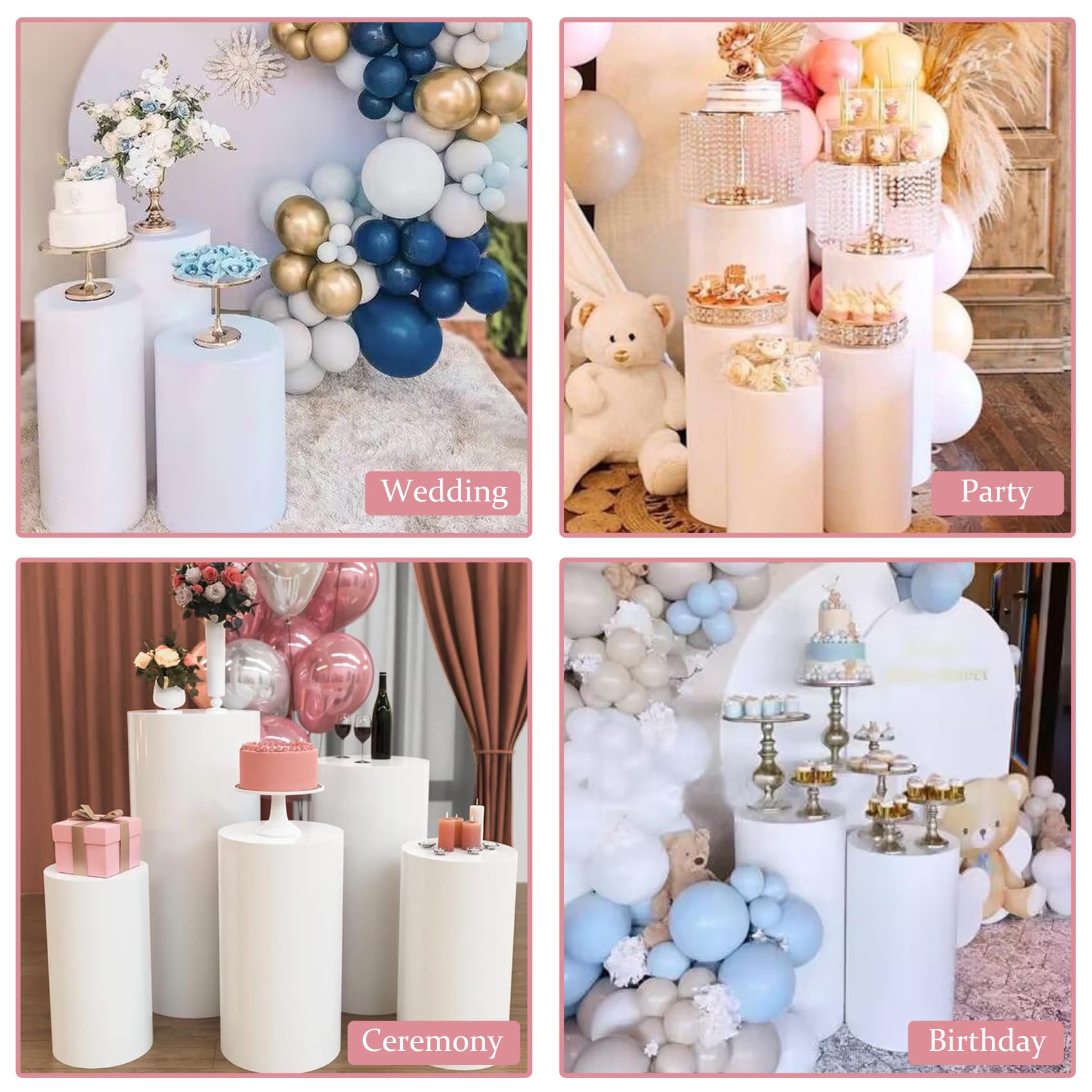 Premium Metal Cylinder Pedestal Stands - Set of 5 Reusable Round Display Pillars for Dessert Tables, Birthday, Wedding & Baby Shower Decorations (White) | Perfect for Cake Displays, Centerpieces & Party Decor