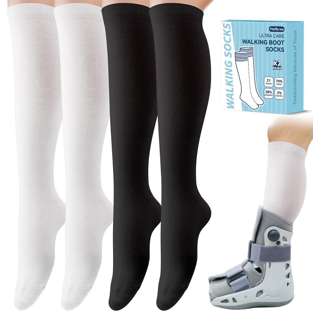 Orthopedic Walking Boot Socks - 2 Pairs Breathable Liner Socks for Medical & Fracture Boots - Comfortable Support Socks for Men & Women (Black & White) - Ideal for Post-Surgery Recovery & Daily Mobility