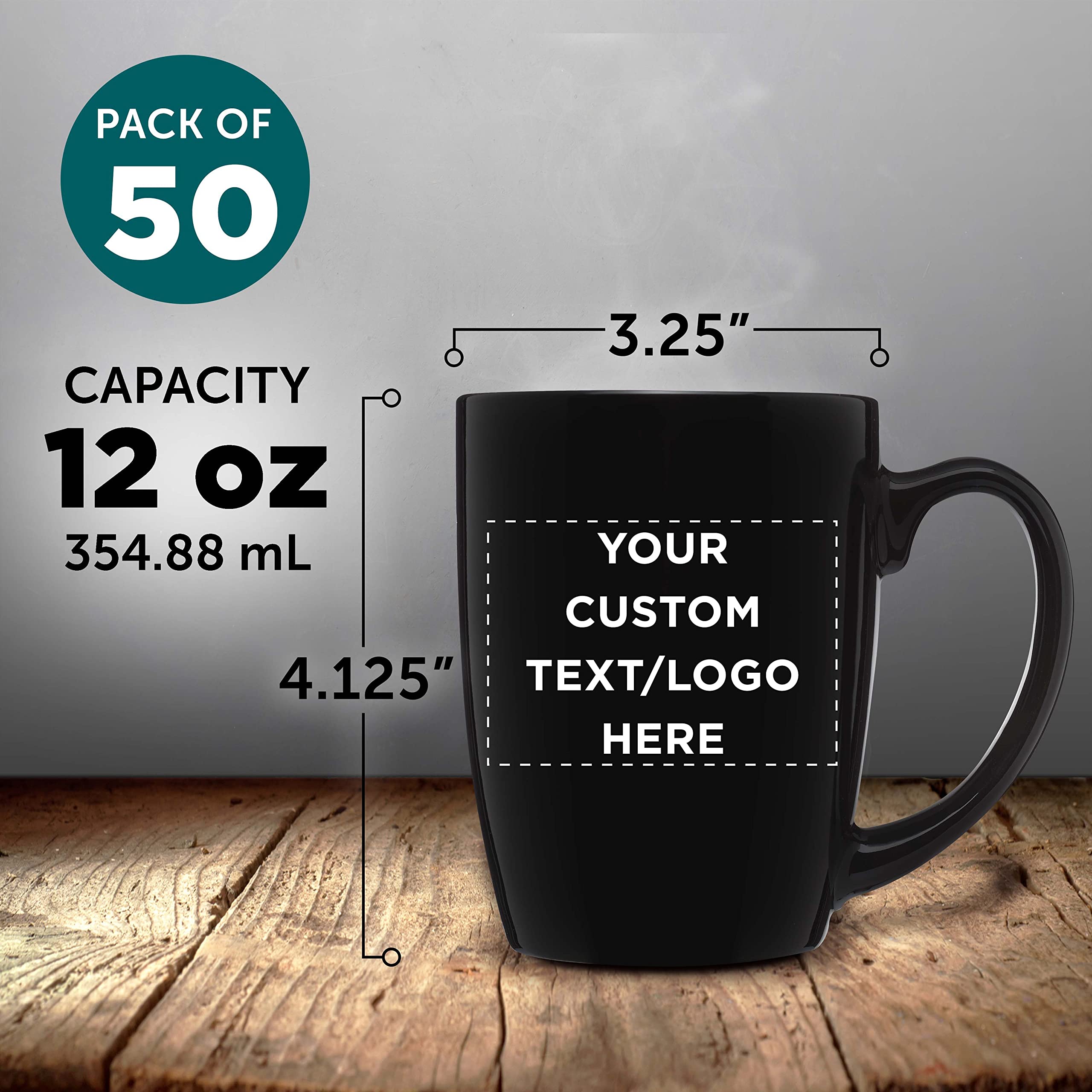 Custom Curved Java Coffee Mug Set - 50 Pack - Personalized Logo & Text - 12 Oz Stoneware Restaurant Cups - Black - Perfect for Cafes, Offices & Bulk Gifting